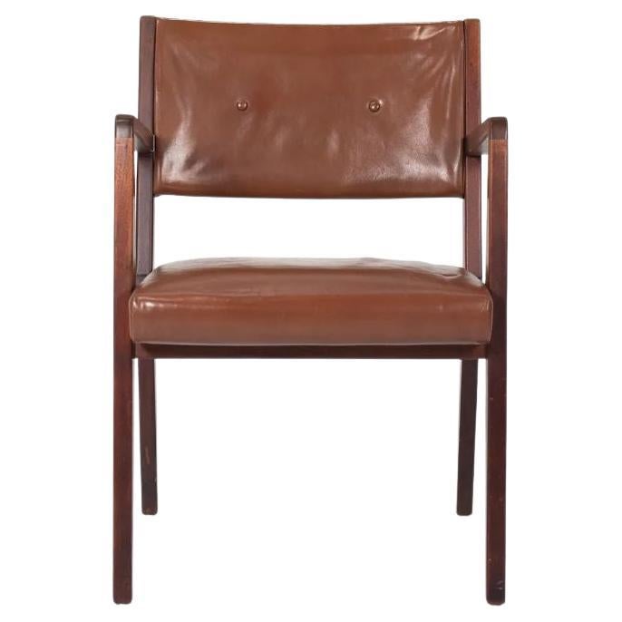 1950s Jens Risom C-106 Walnut Arm Chair in Original Brown Leather 3x Available For Sale