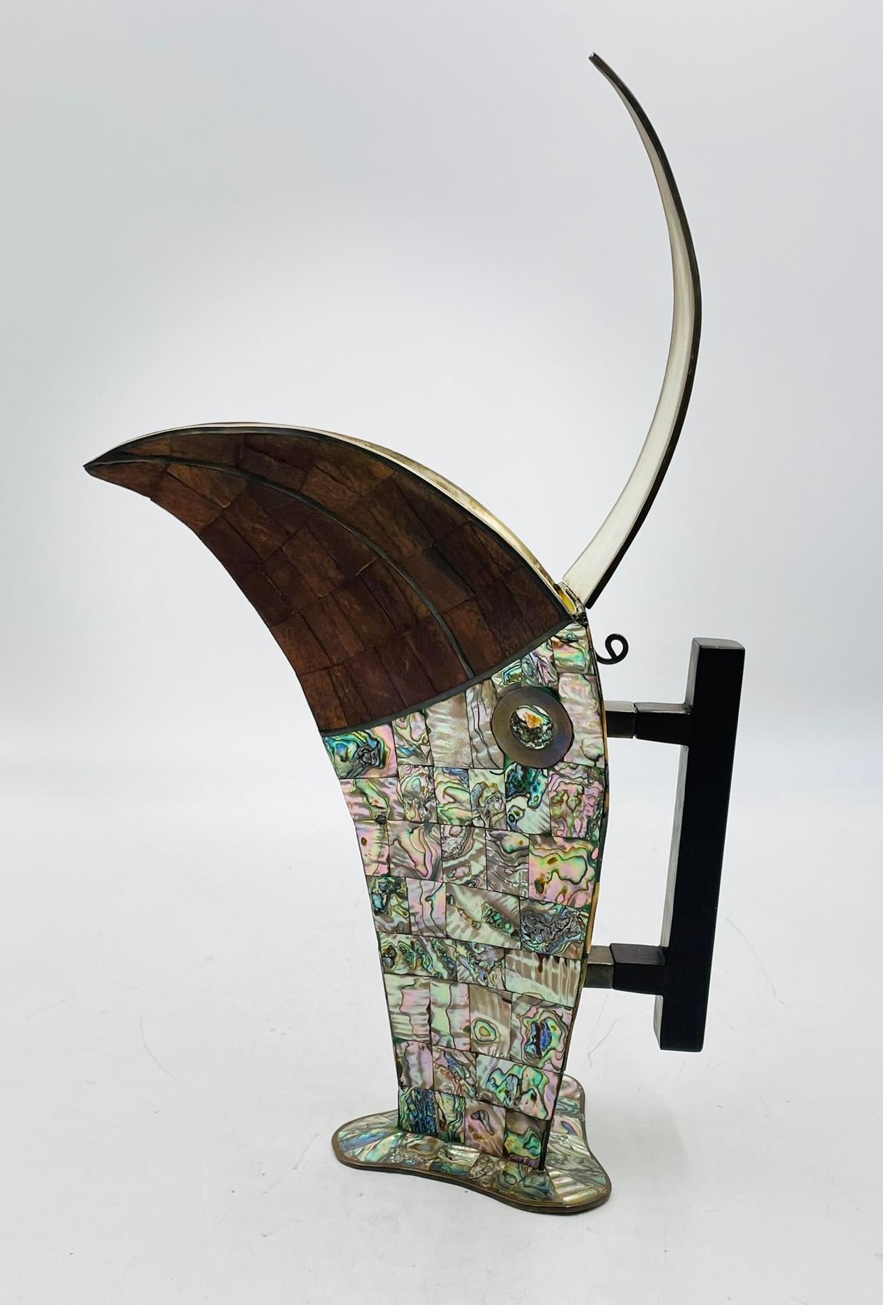 1950s Jeronimo Fuentes Abalone & Wood Inlay Toucan Pitcher, Taxco Mexico For Sale 2