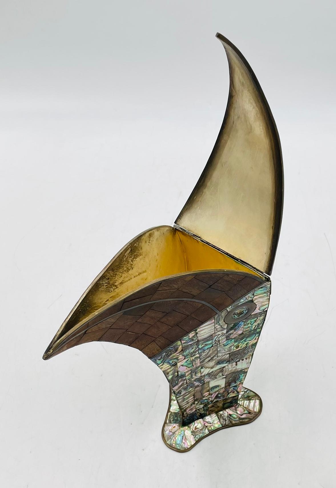 1950s Jeronimo Fuentes Abalone & Wood Inlay Toucan Pitcher, Taxco Mexico For Sale 3