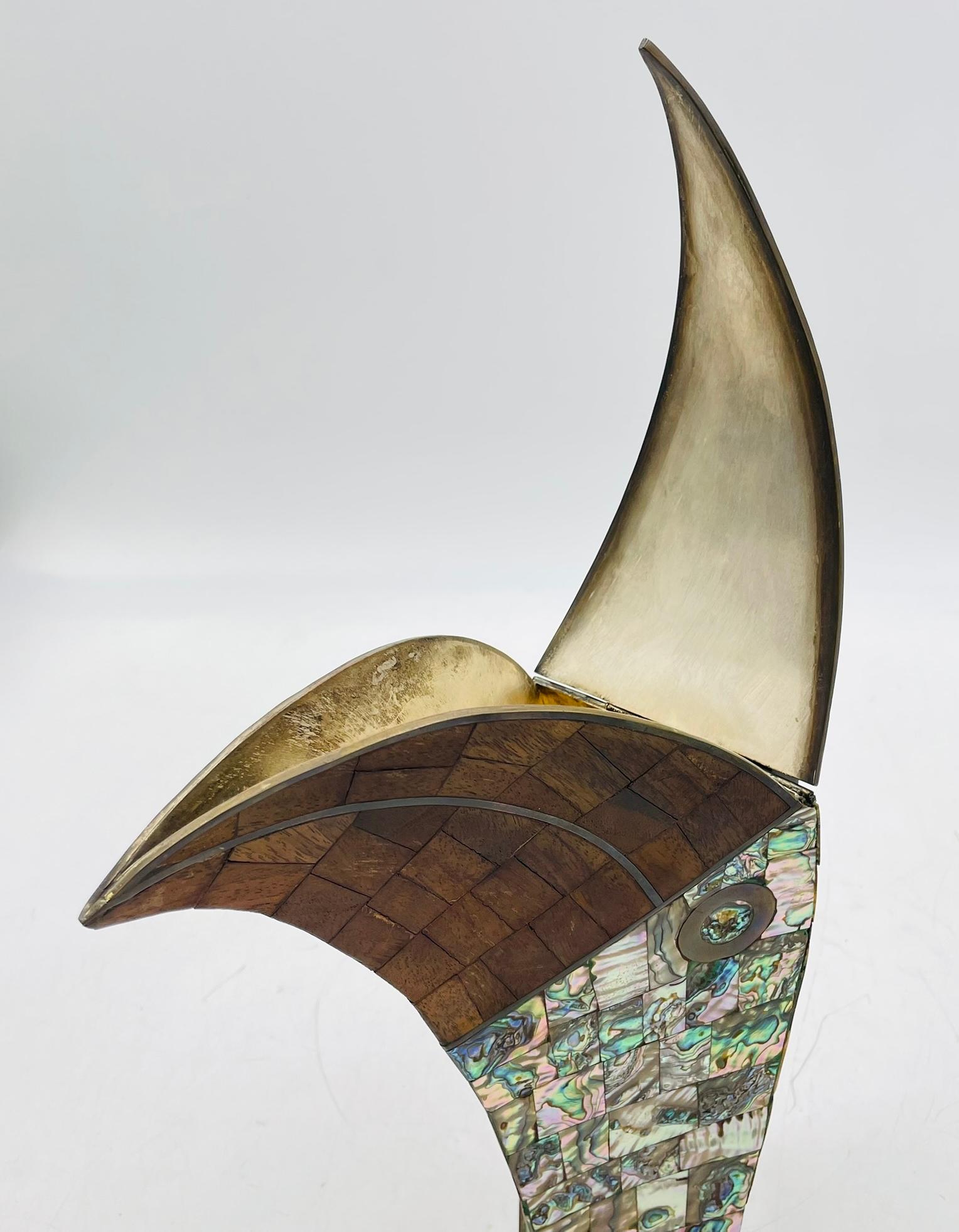1950s Jeronimo Fuentes Abalone & Wood Inlay Toucan Pitcher, Taxco Mexico For Sale 4