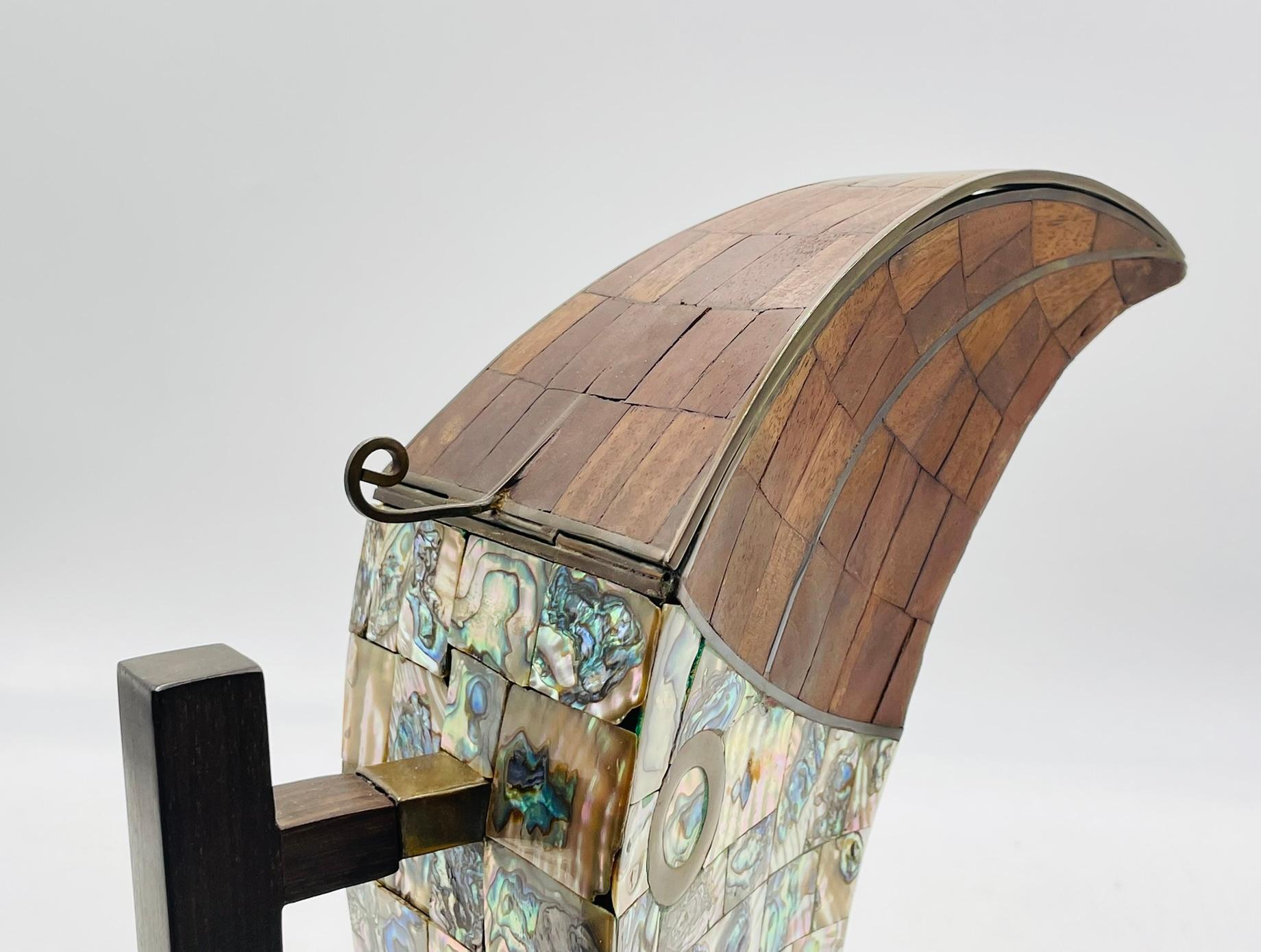 1950s Jeronimo Fuentes Abalone & Wood Inlay Toucan Pitcher, Taxco Mexico For Sale 6