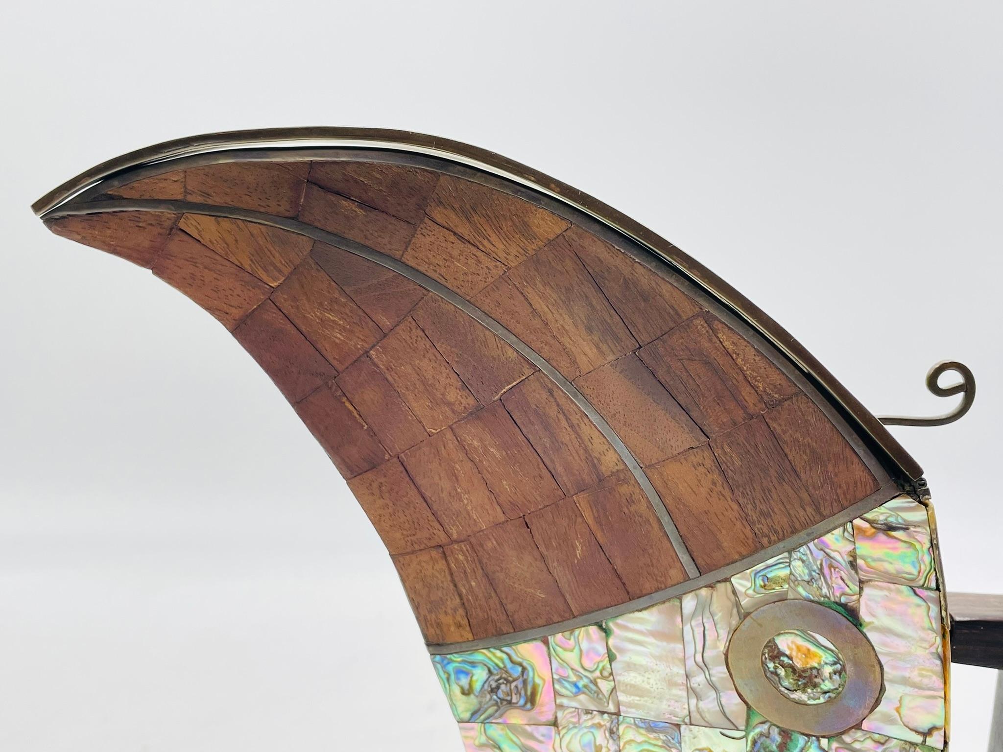 1950s Jeronimo Fuentes Abalone & Wood Inlay Toucan Pitcher, Taxco Mexico For Sale 8