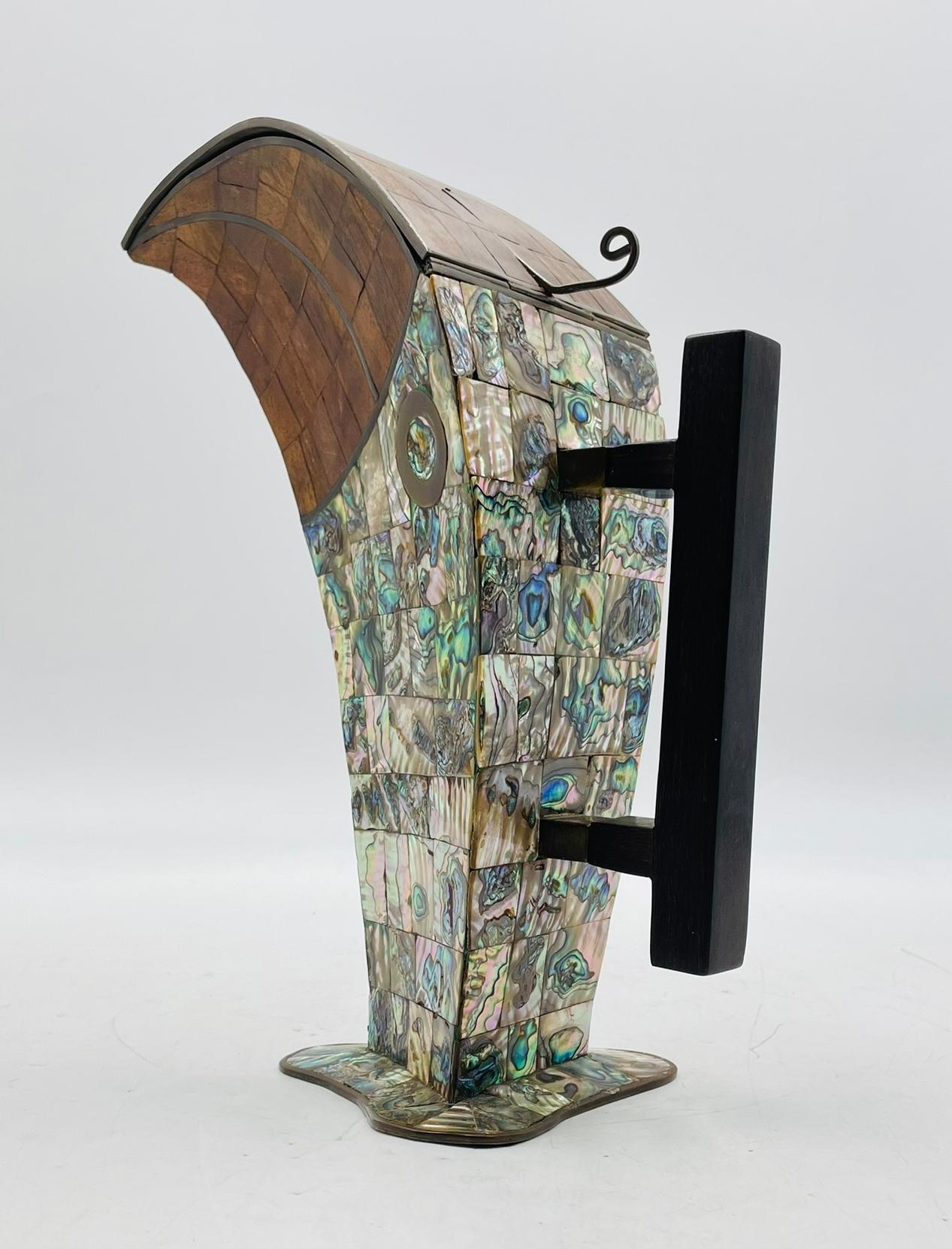 Mexican 1950s Jeronimo Fuentes Abalone & Wood Inlay Toucan Pitcher, Taxco Mexico For Sale
