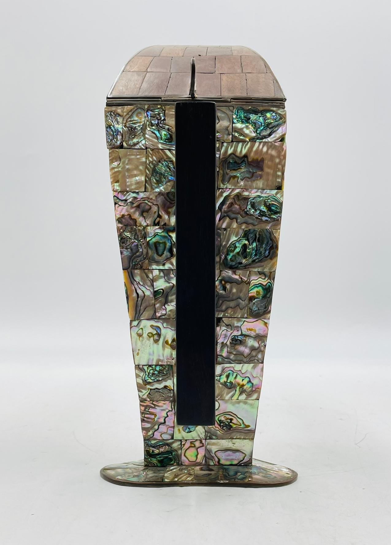 Hand-Crafted 1950s Jeronimo Fuentes Abalone & Wood Inlay Toucan Pitcher, Taxco Mexico For Sale