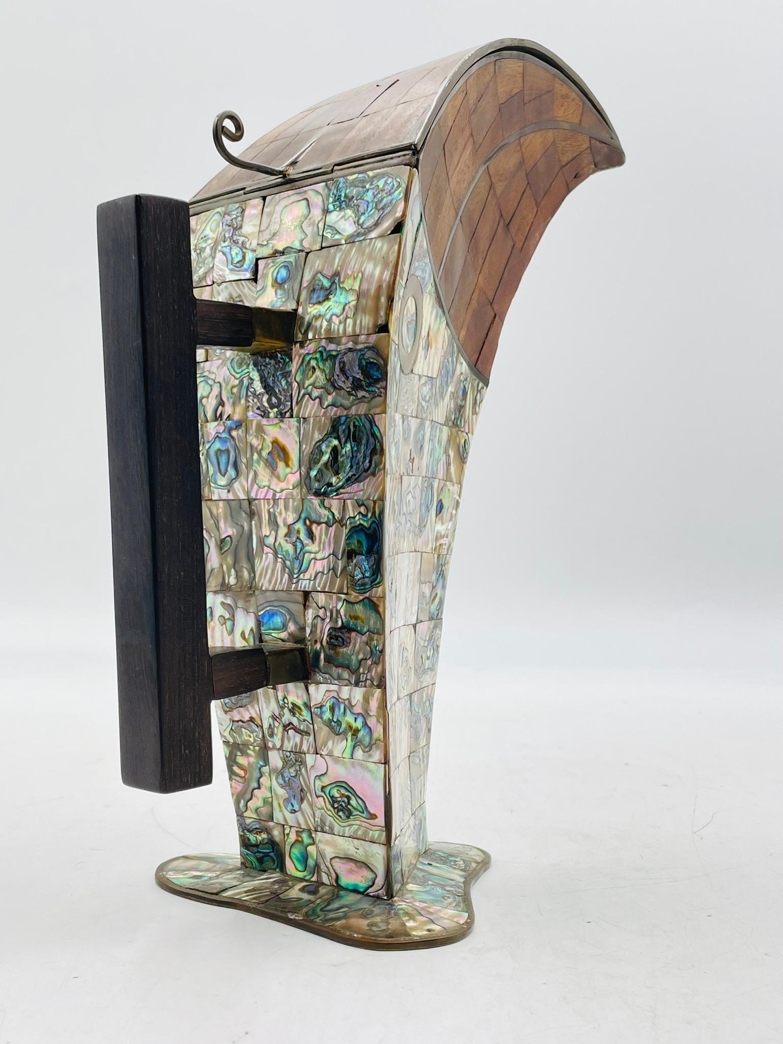 1950s Jeronimo Fuentes Abalone & Wood Inlay Toucan Pitcher, Taxco Mexico In Good Condition For Sale In Los Angeles, CA