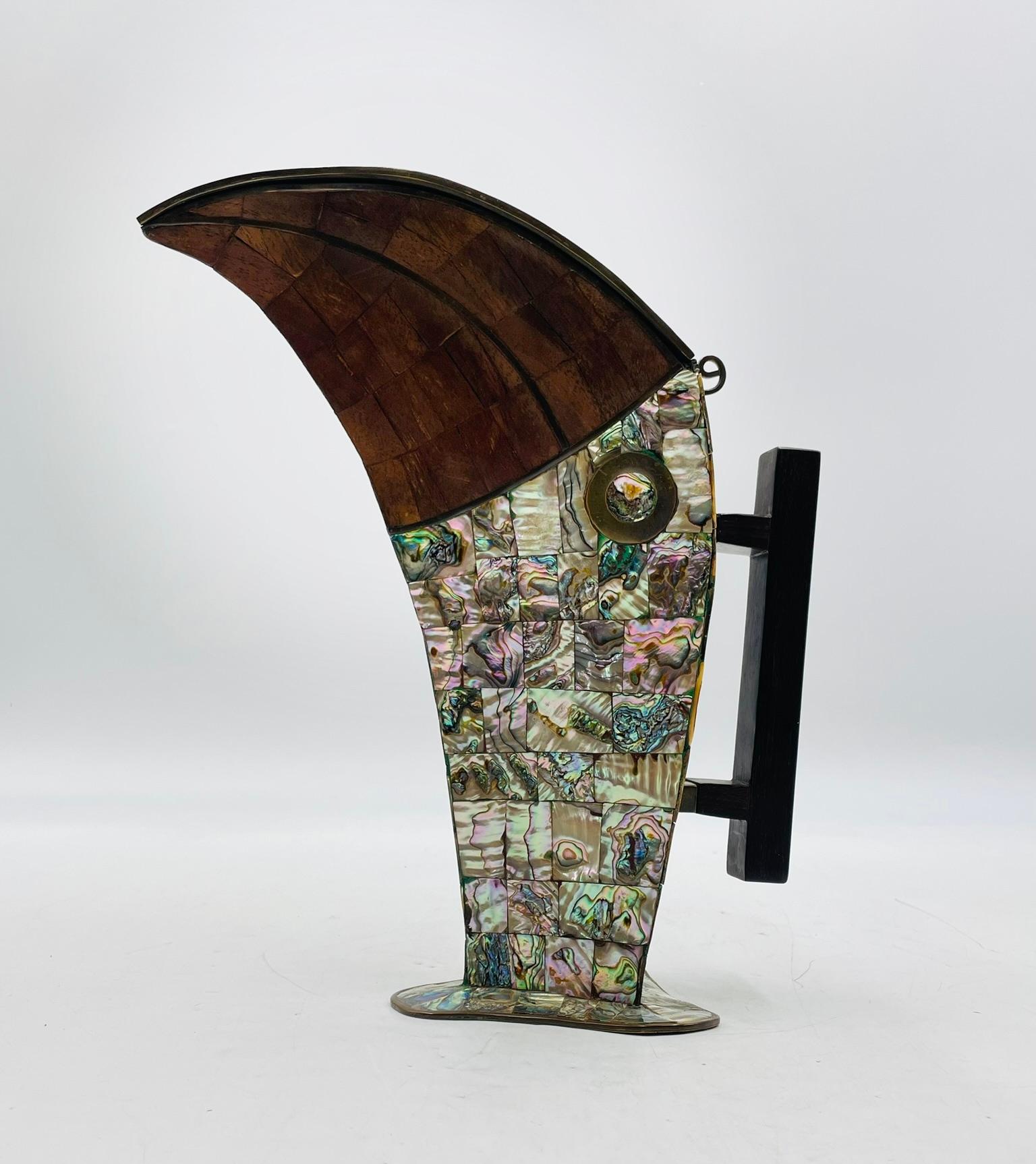 Mid-20th Century 1950s Jeronimo Fuentes Abalone & Wood Inlay Toucan Pitcher, Taxco Mexico For Sale