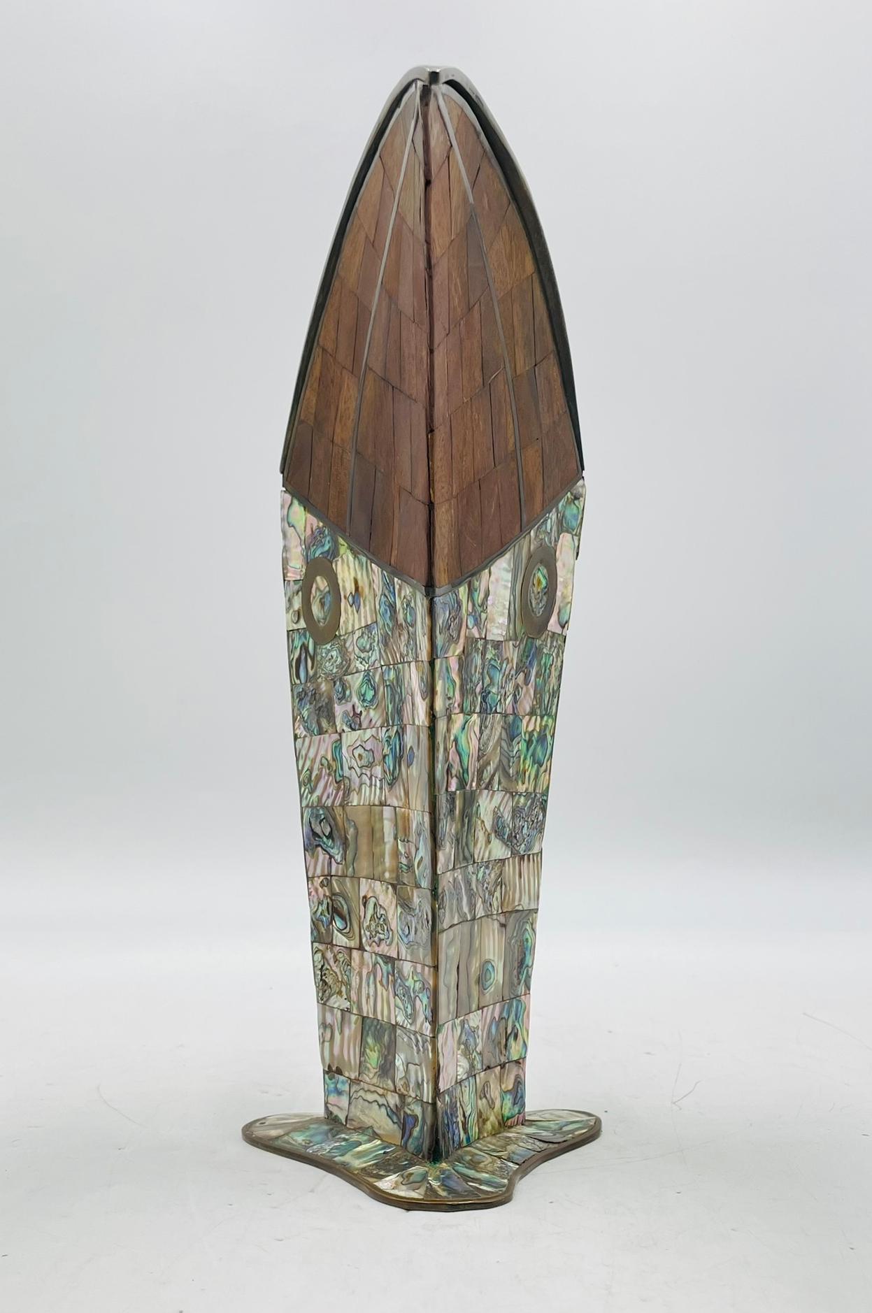 Brass 1950s Jeronimo Fuentes Abalone & Wood Inlay Toucan Pitcher, Taxco Mexico For Sale