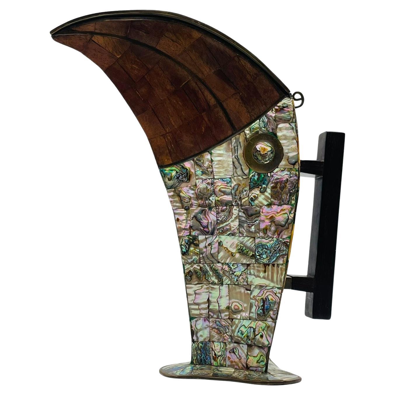 1950s Jeronimo Fuentes Abalone 
Wood Inlay Toucan Pitcher, Taxco Mexico For Sale