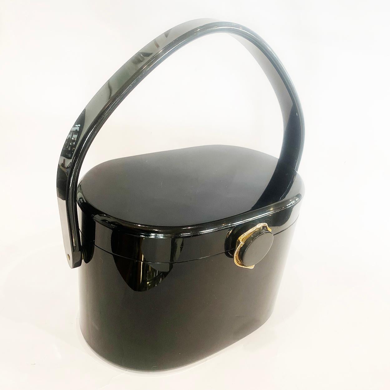 1950s Jet Black shiny Lucite purse bag handbag by Wilardy In Good Condition In Daylesford, Victoria
