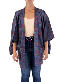 1950S Jewel-Tone Silk Short Kimono With Dark Dot Detailing