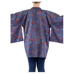 1950S Jewel-Tone Silk Short Kimono With Dark Dot Detailing