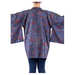 Juwelenfarbener Seidenkimono aus den 1950er Jahren mit dunklem Punktmuster