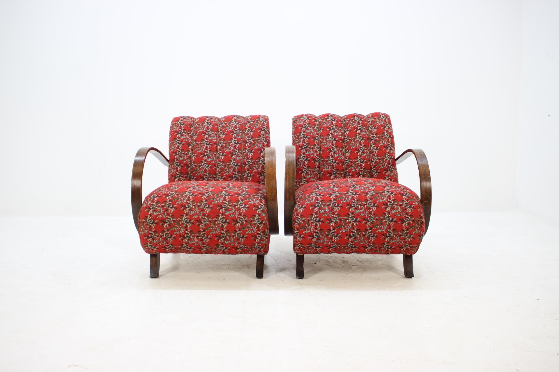 Made of beechwood. Good original fabric upholstery. Made in Czechoslovakia. The wooden parts has been repolished.