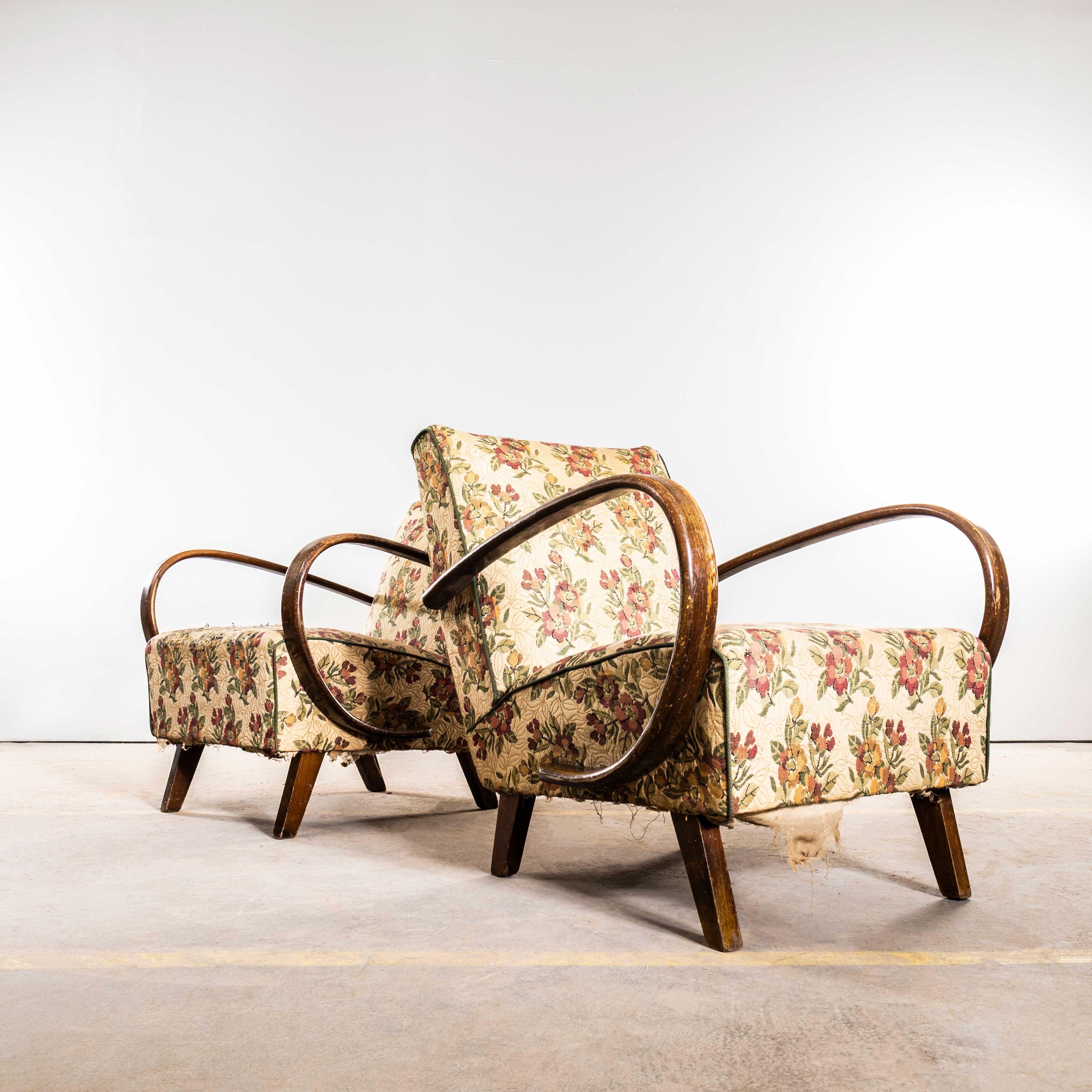 1950’s Jindrich Halabala Armchairs In Original Bold Floral Jacquard Fabric. Sourced direct in the Czech republic, Halabala was a Czech industrial designer, writer, and educator. Halabala was a key force in the development of post war industrially