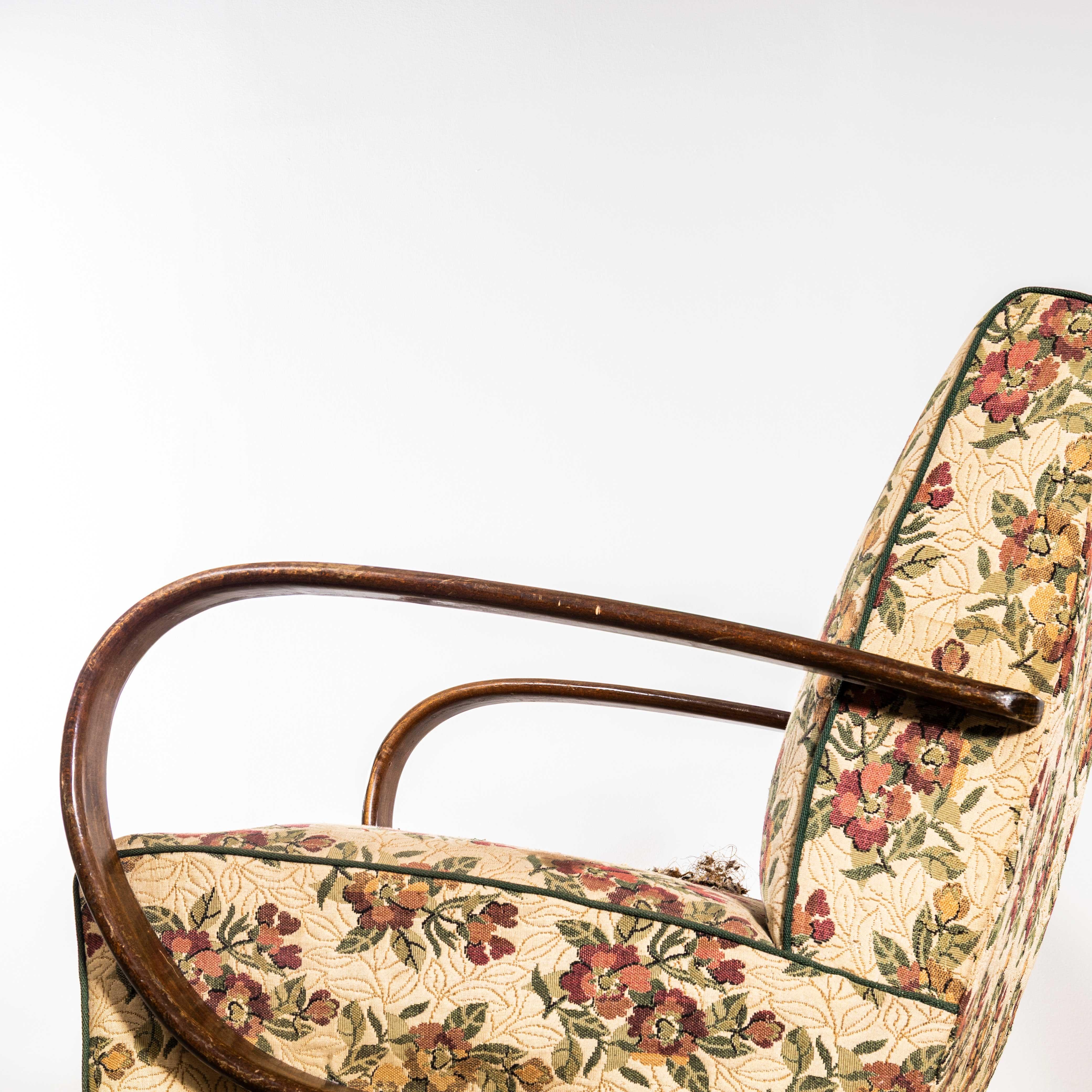 Czech 1950’s Jindrich Halabala Armchairs In Original Bold Floral Jacquard Fabric For Sale