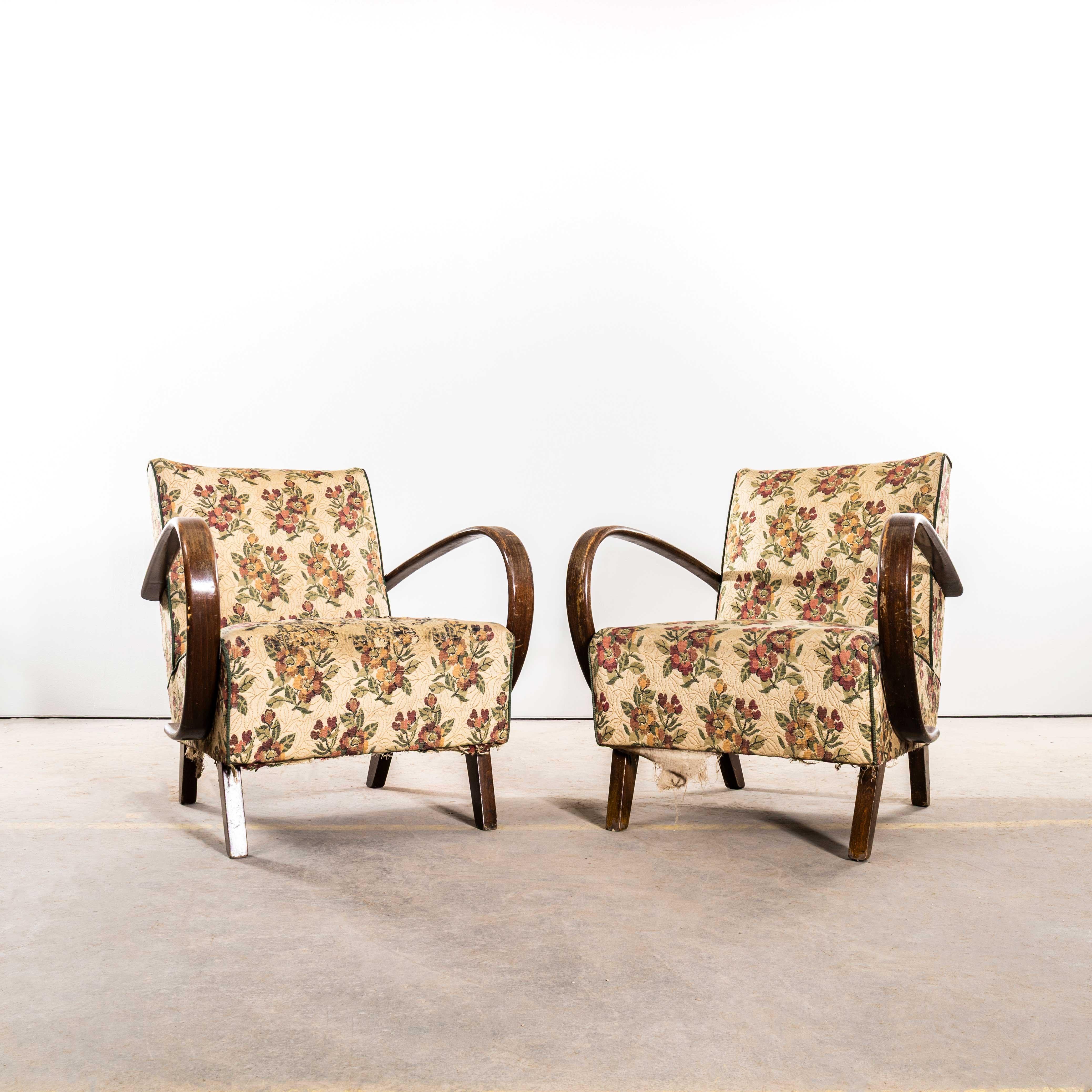 1950’s Jindrich Halabala Armchairs In Original Bold Floral Jacquard Fabric In Good Condition For Sale In Hook, Hampshire