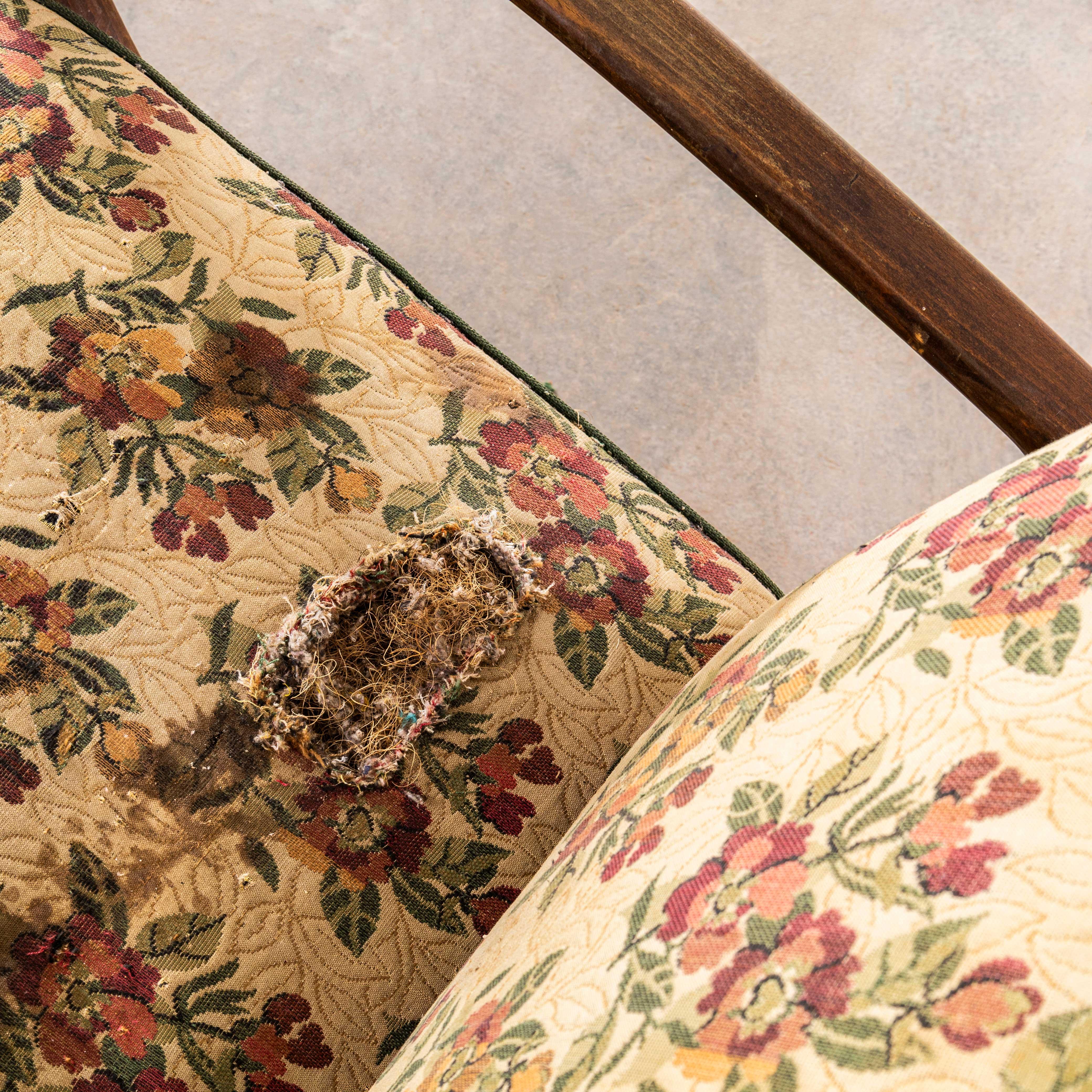 Mid-20th Century 1950’s Jindrich Halabala Armchairs In Original Bold Floral Jacquard Fabric For Sale