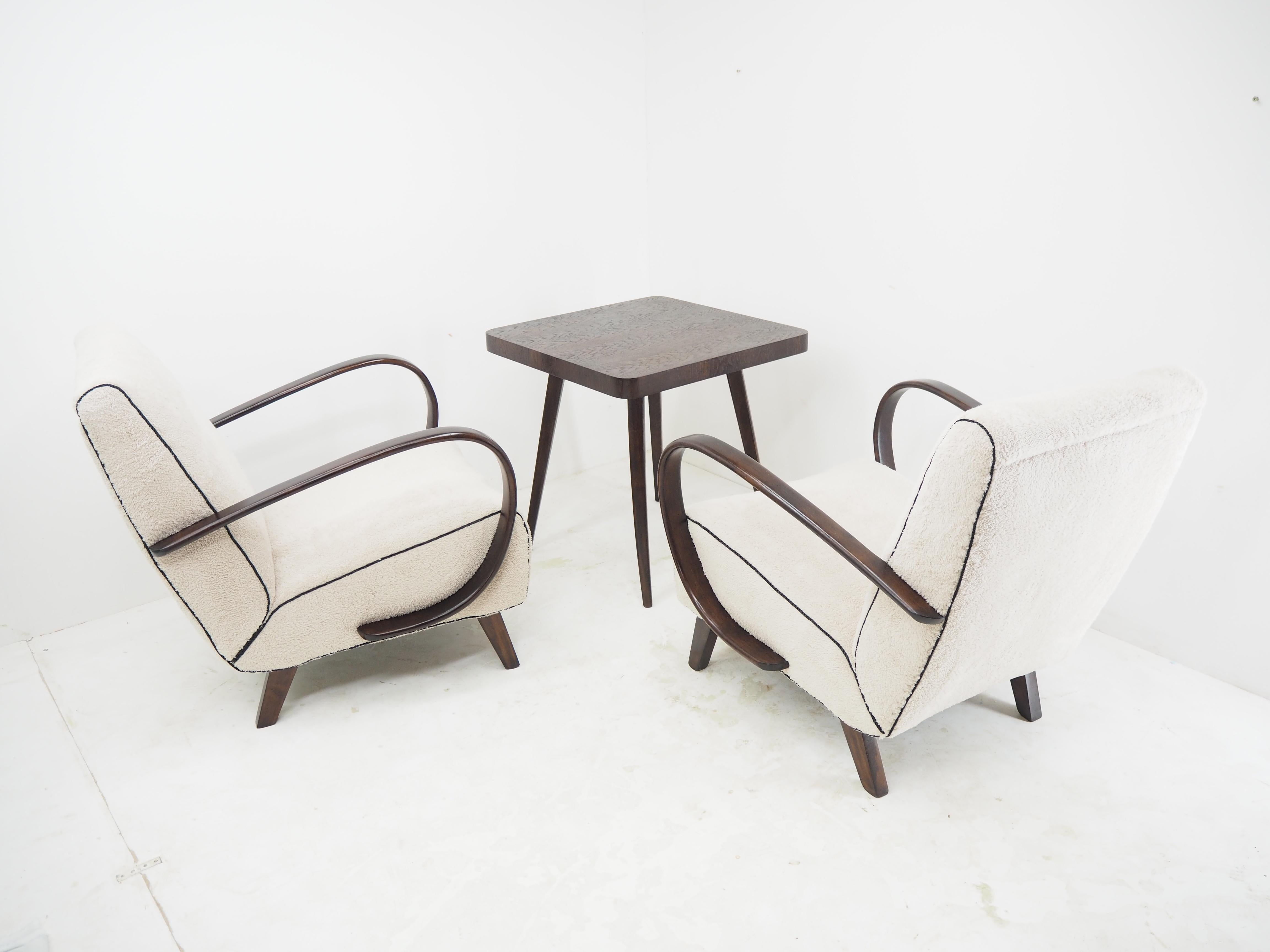 Mid-Century Modern 1950s Jindrich Halabala Set of Two Restored Armchairs with Table, Czechoslovakia