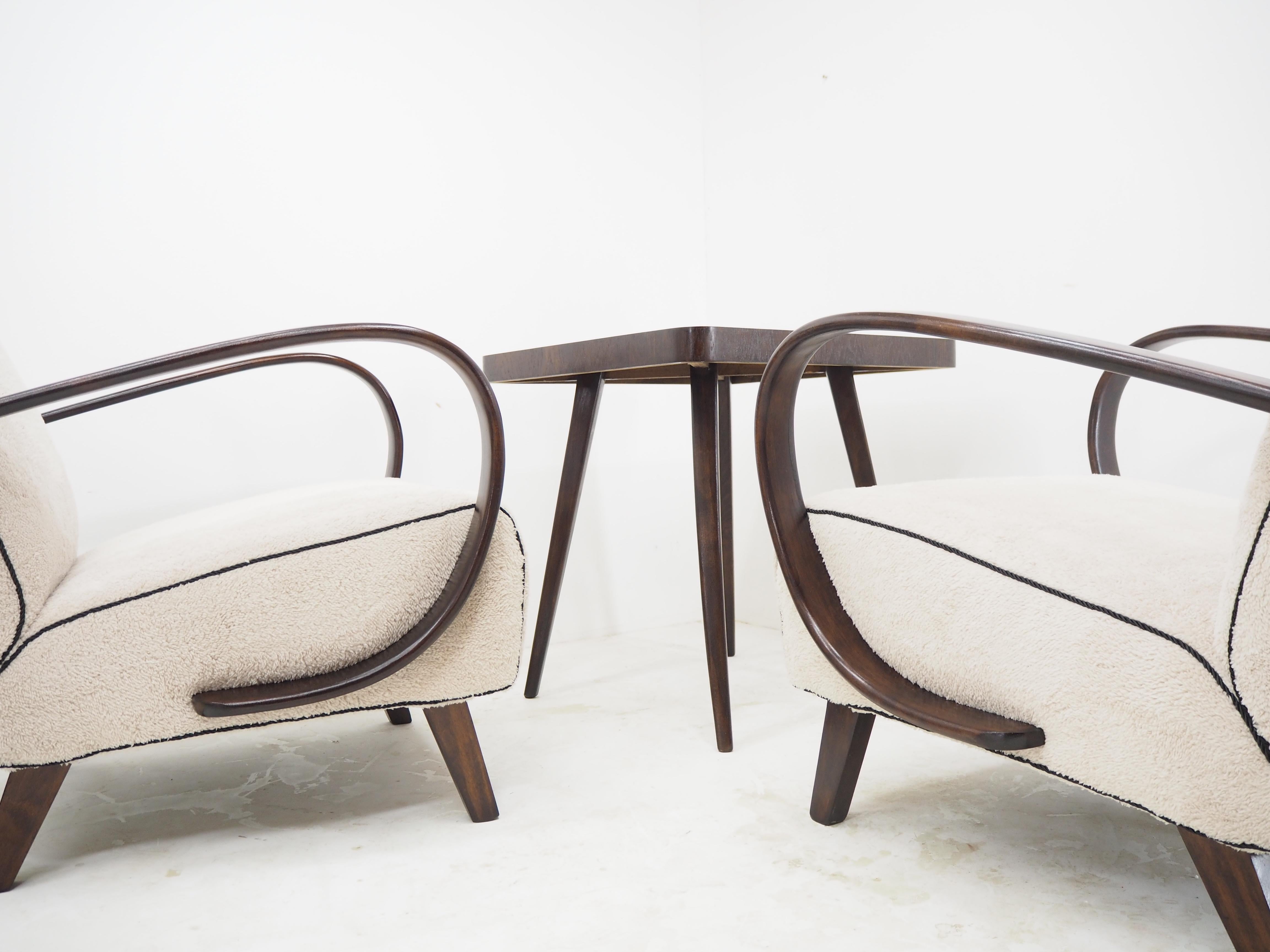 Mid-20th Century 1950s Jindrich Halabala Set of Two Restored Armchairs with Table, Czechoslovakia