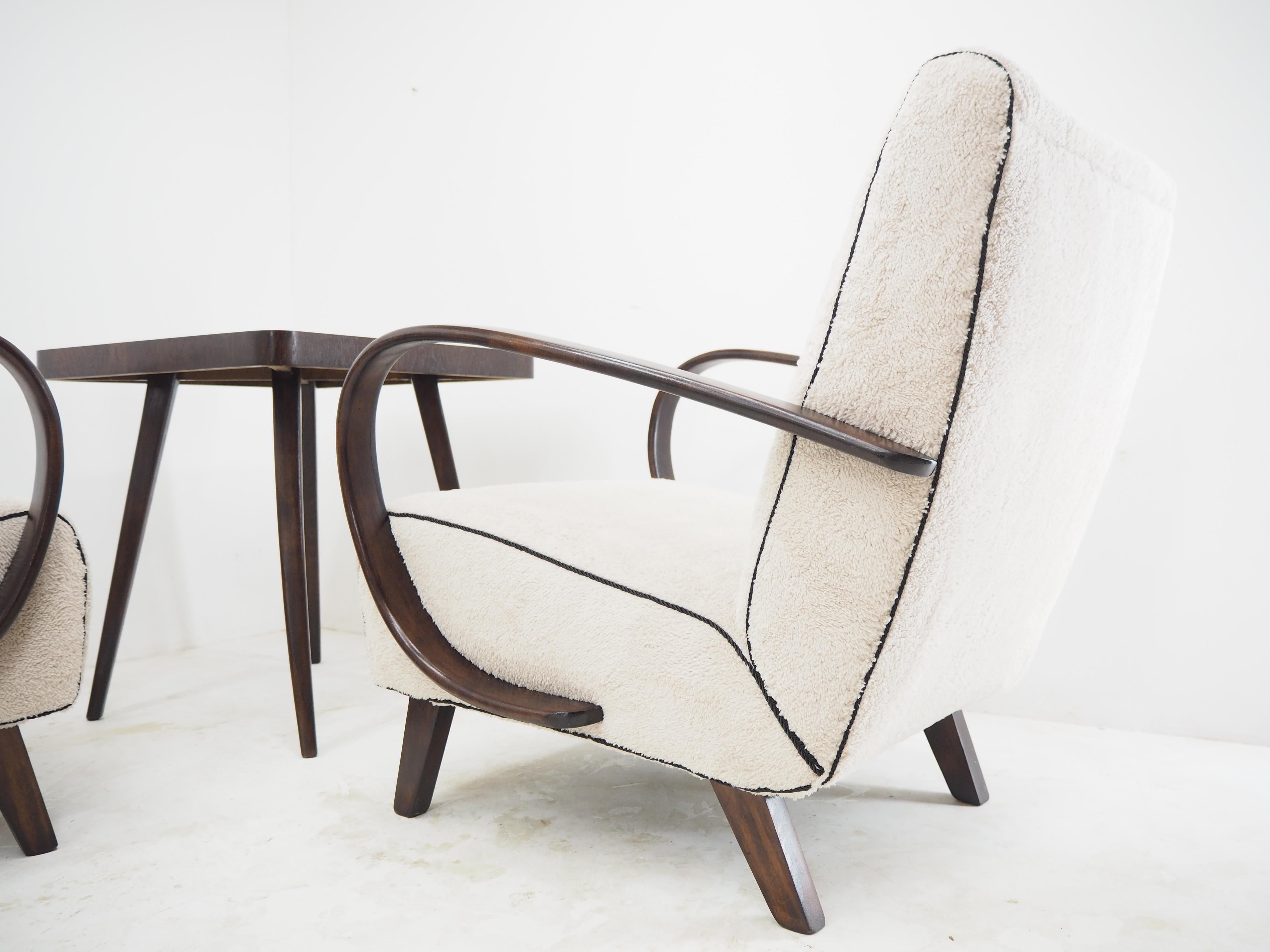 Fabric 1950s Jindrich Halabala Set of Two Restored Armchairs with Table, Czechoslovakia