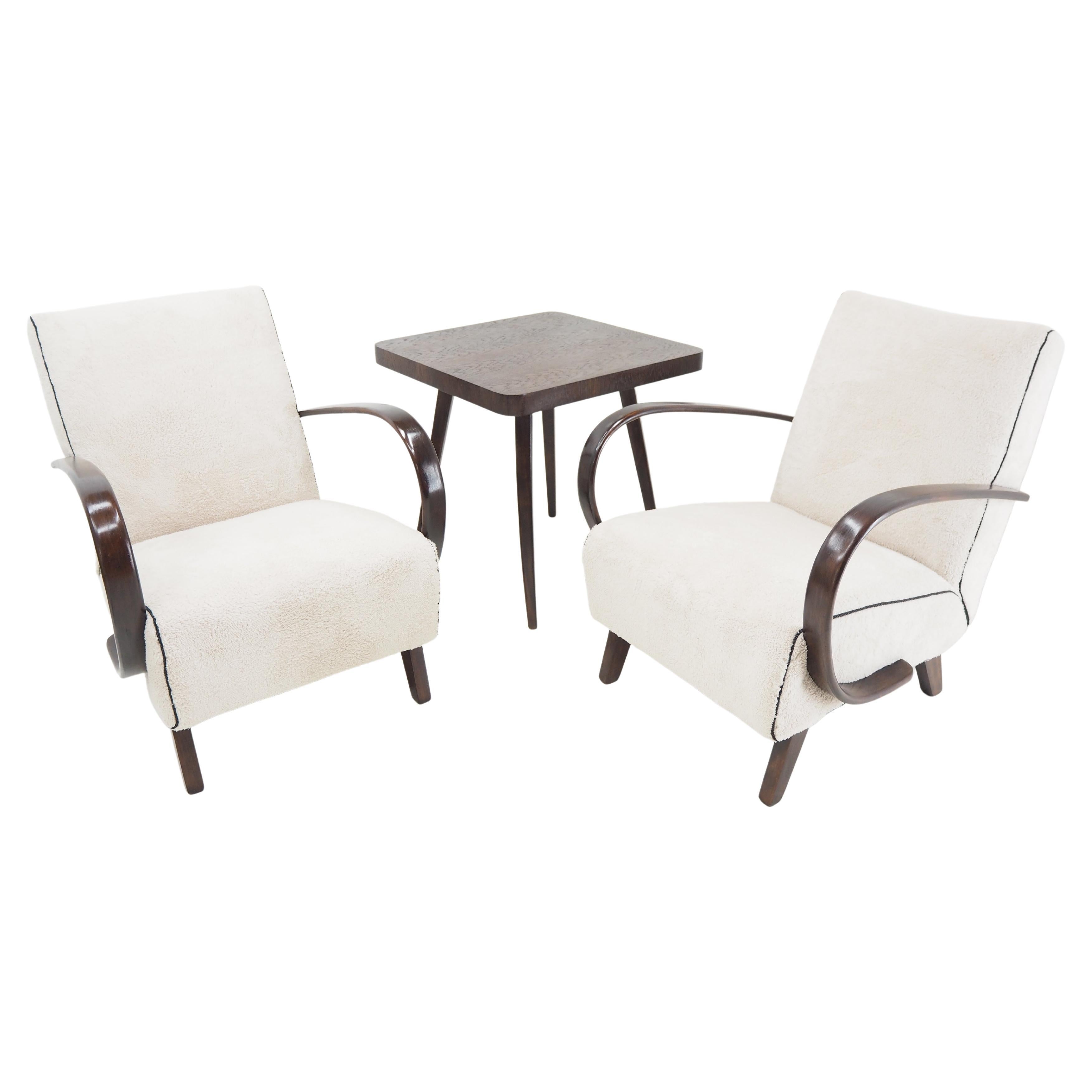 1950s Jindrich Halabala Set of Two Restored Armchairs with Table, Czechoslovakia