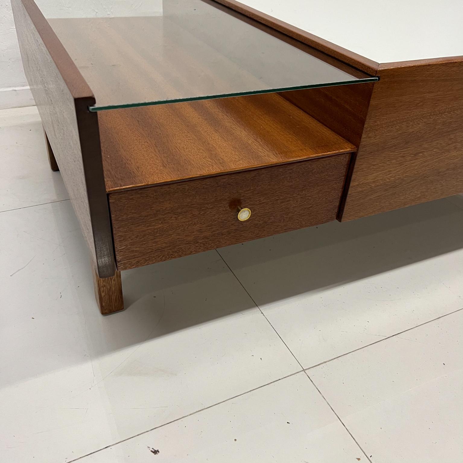 1950s John Keal for Brown Saltman Calif Modern Low Profile Coffee Table + Storage
Mahogany Wood with White Formica and Glass. 
Restored and Ready to GO!
48 long x 32 d x 16 tall
Drawers 12 w x 14 d x 3
Original Preowned restored vintage condition.