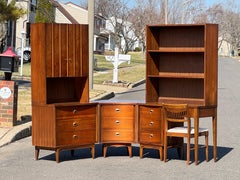 1950s Johnson Carper Curved Walnut Desk Dresser Shelving Unit