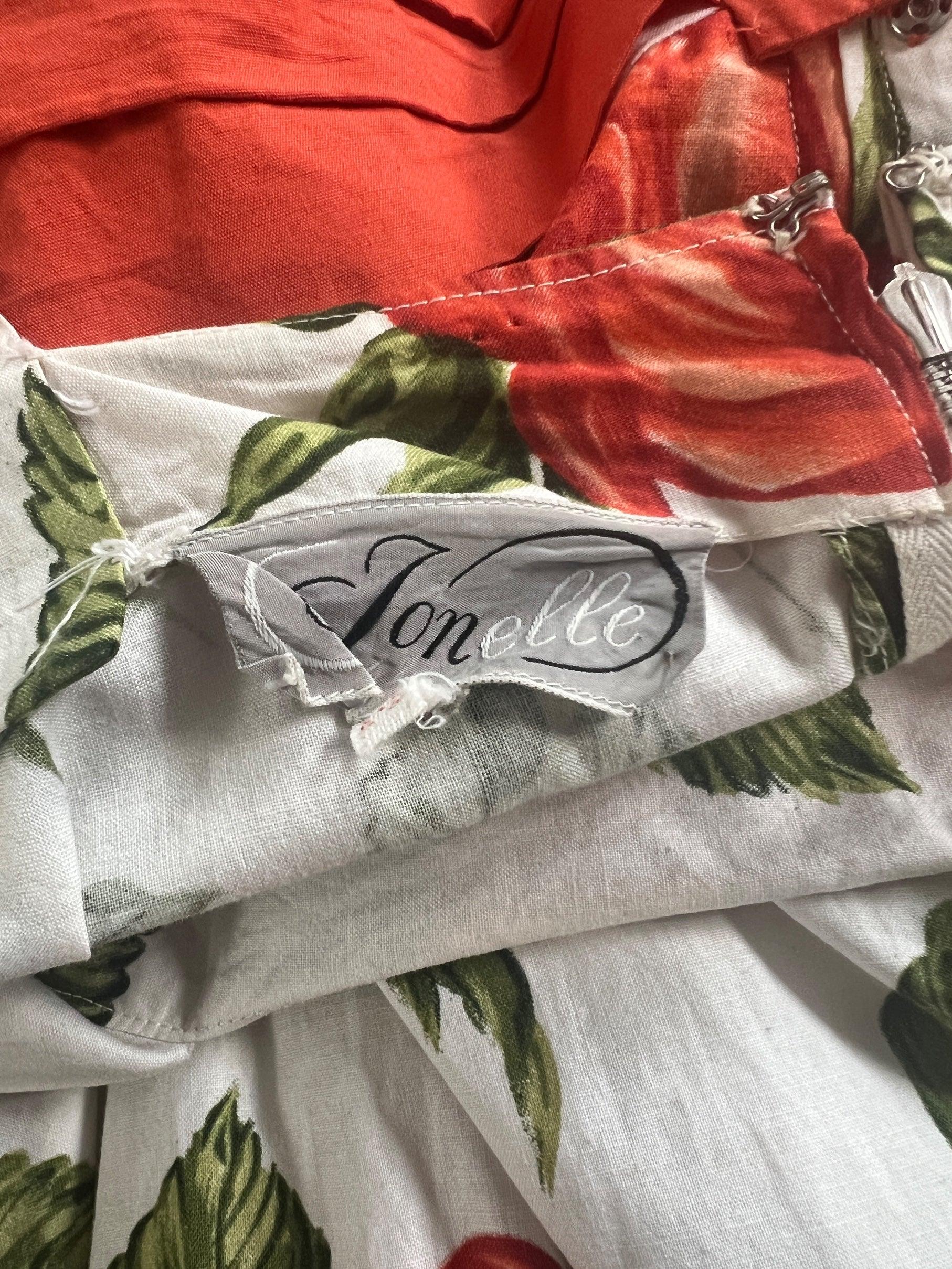 1950s Jonelle Orange Rose Print Cotton Maxi Dress For Sale 1