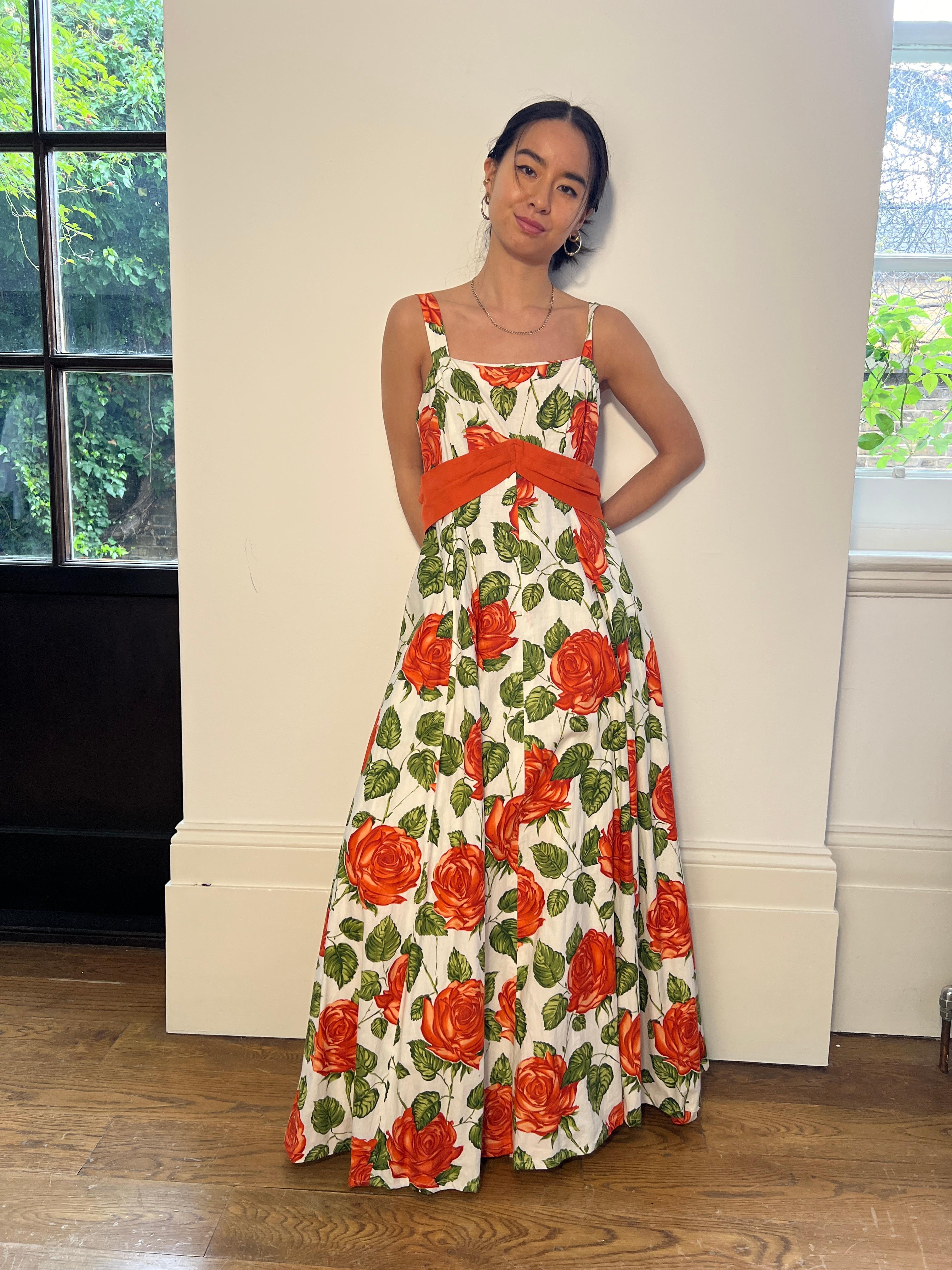 1950s Jonelle Orange Rose Print Cotton Maxi Dress For Sale 2