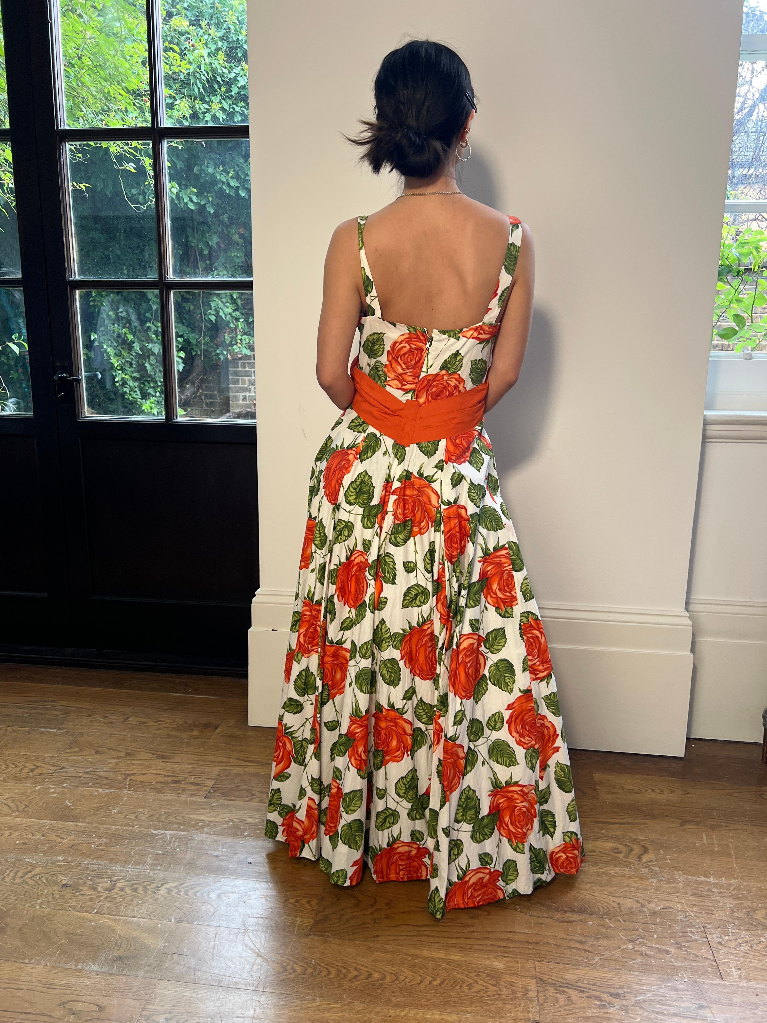 1950s Jonelle Orange Rose Print Cotton Maxi Dress For Sale 3