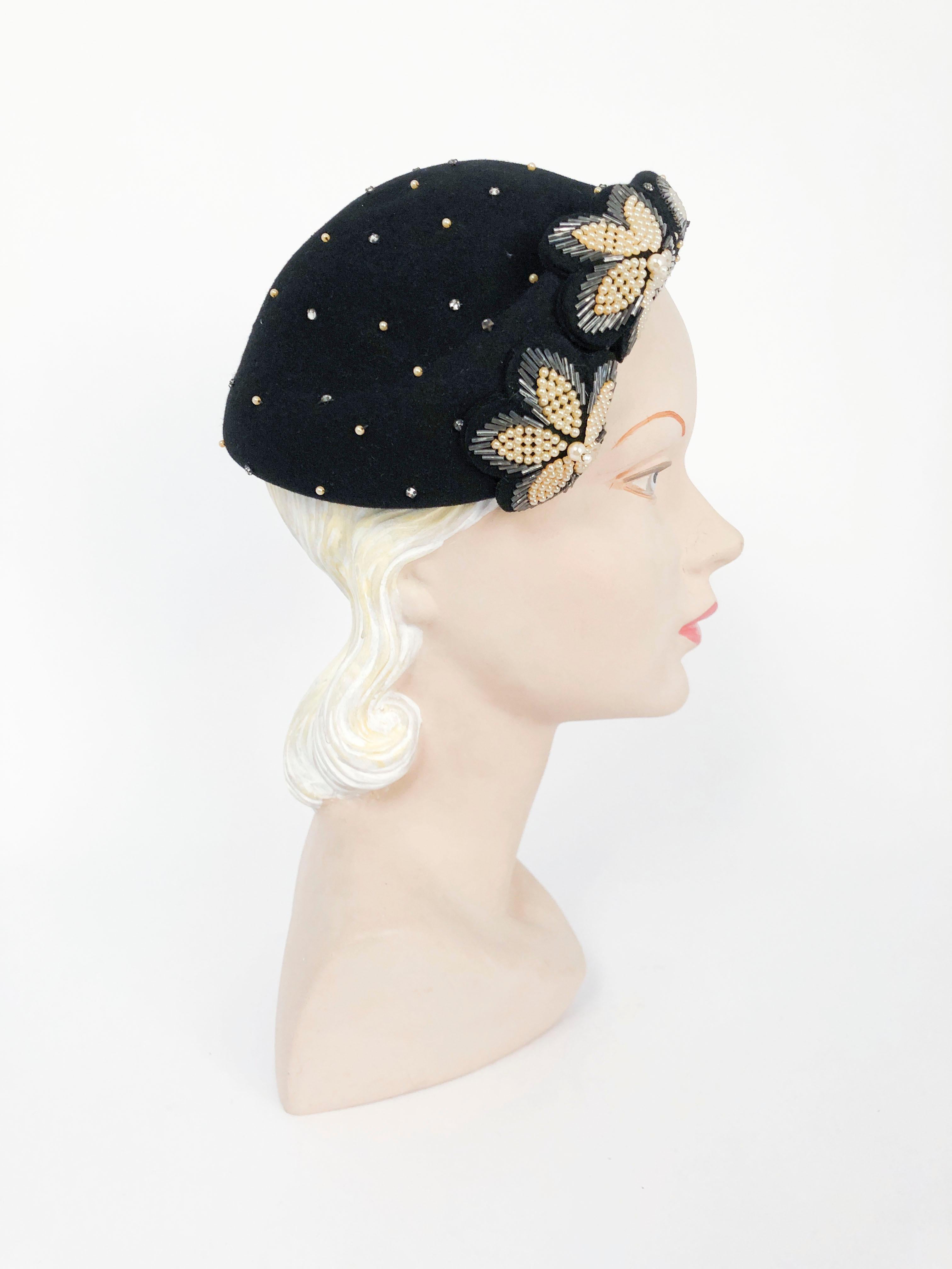 1950s Joseph Magnin Black Cashmere Hat with Beading and Stone Accents In Good Condition In San Francisco, CA