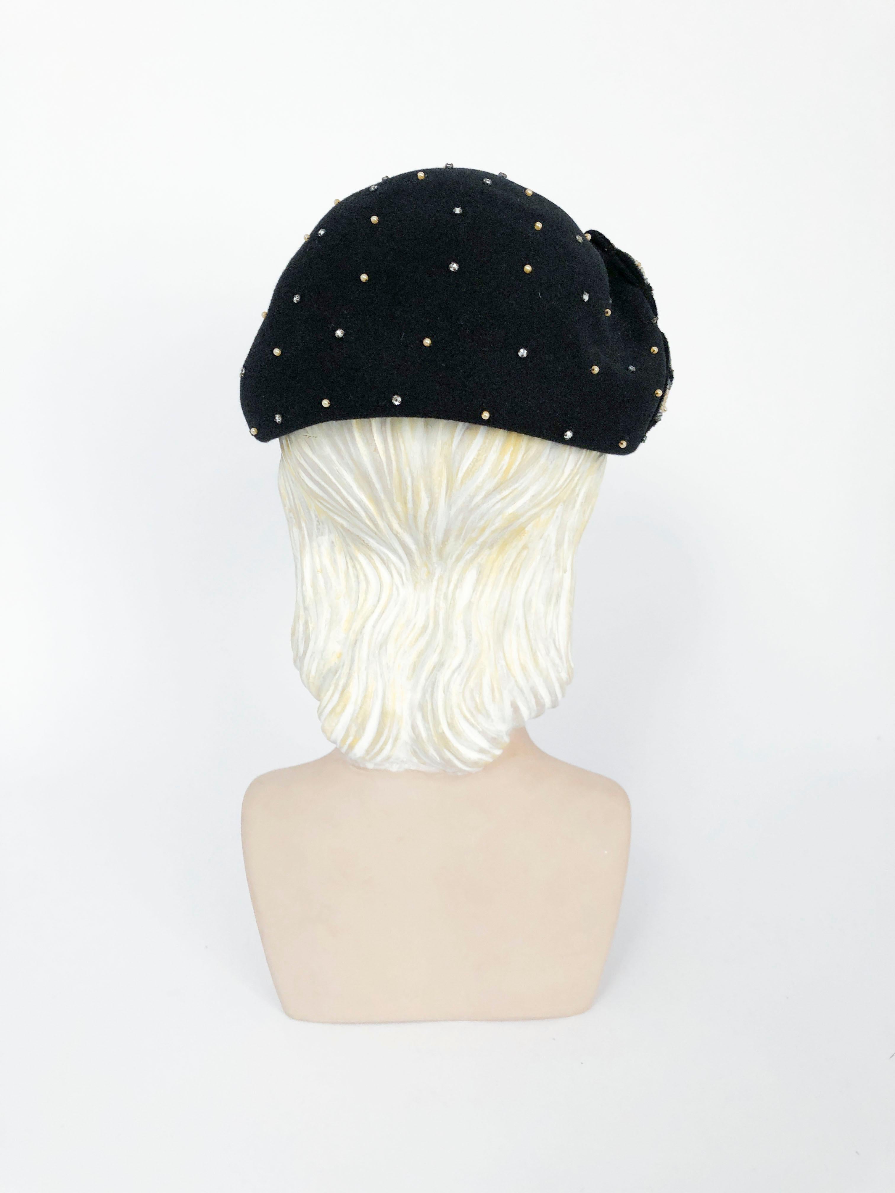 Women's 1950s Joseph Magnin Black Cashmere Hat with Beading and Stone Accents