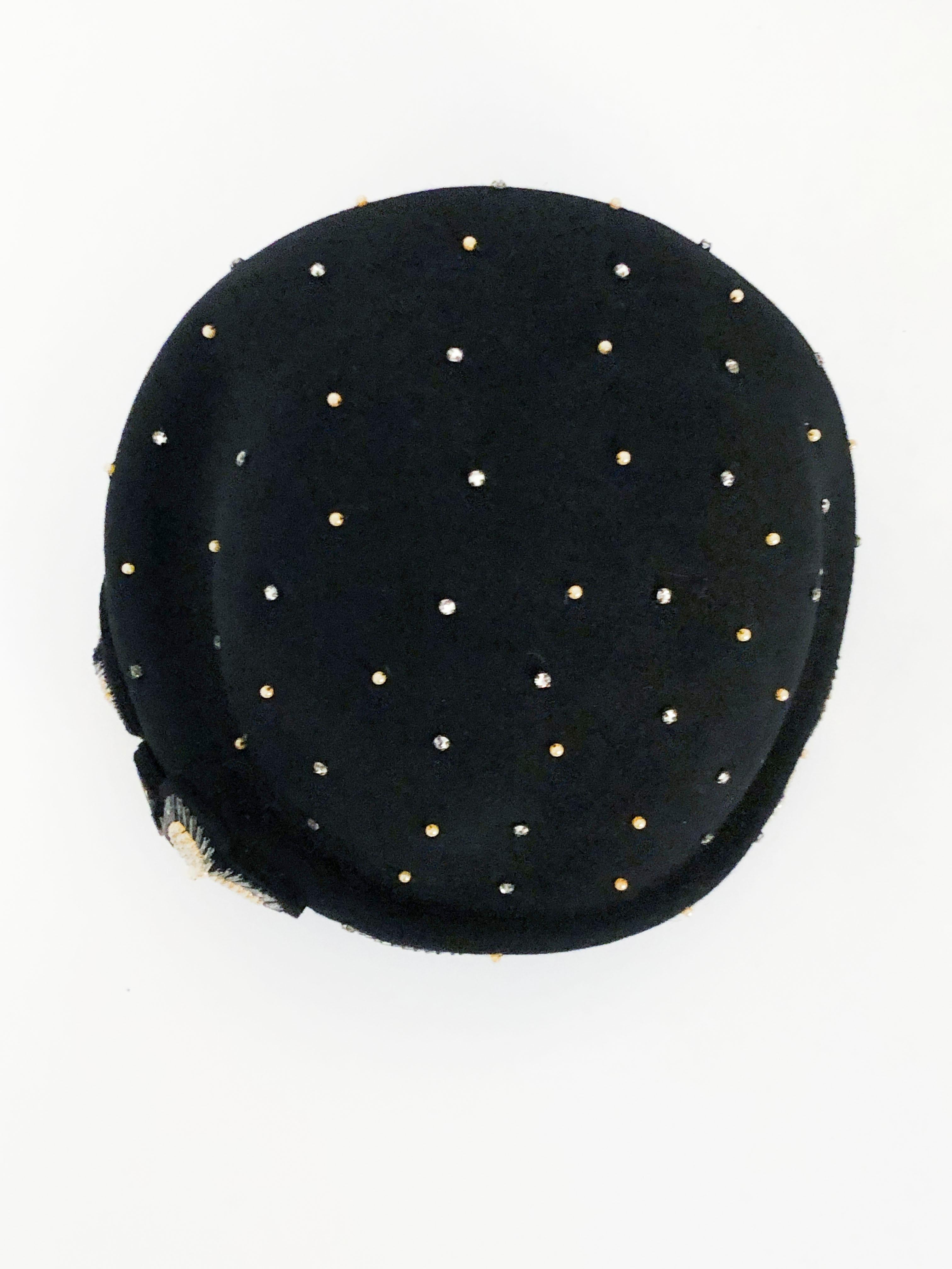 1950s Joseph Magnin Black Cashmere Hat with Beading and Stone Accents 1
