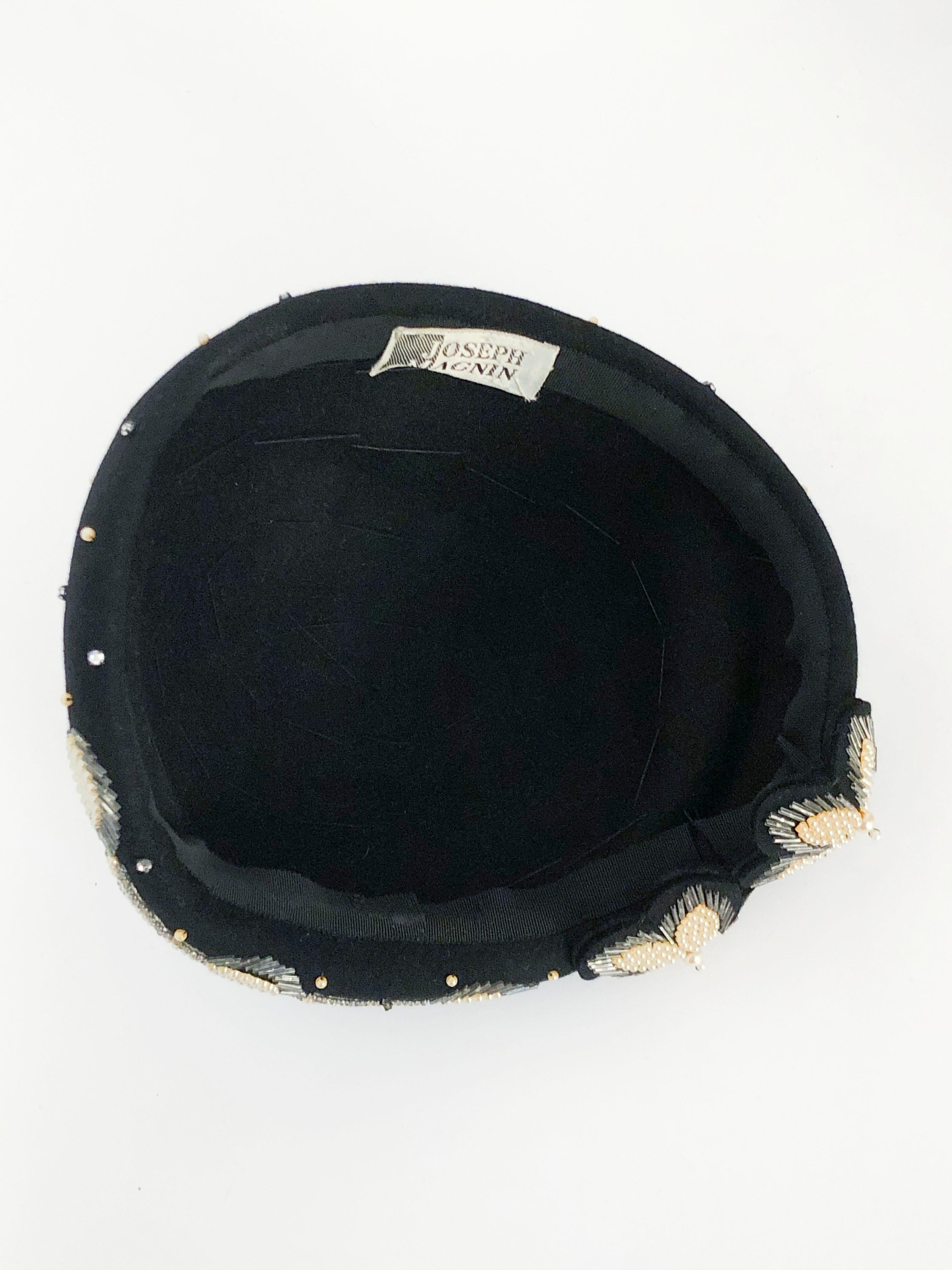 1950s Joseph Magnin Black Cashmere Hat with Beading and Stone Accents 2