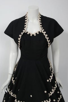 1950's Juli Lynne Charlot Black Cotton & Lace Strapless Full Dress with Bolero