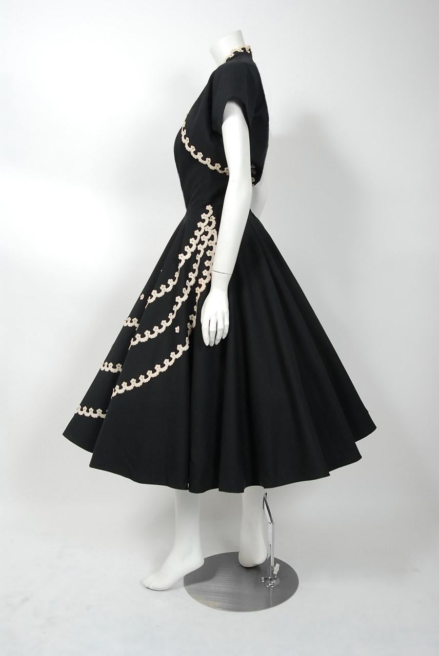 1950's Juli Lynne Charlot Black Cotton & Lace Strapless Full Dress with Bolero 1
