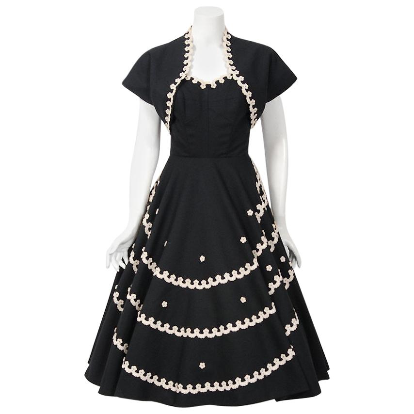 1950's Juli Lynne Charlot Black Cotton & Lace Strapless Full Dress with Bolero