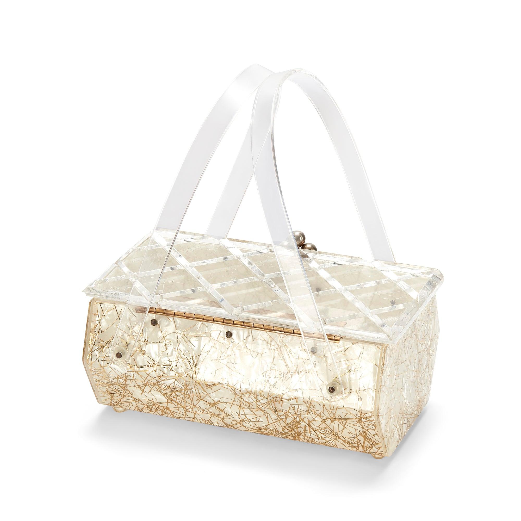 1950s clear and pearlescent hexagonal confetti lucite bag. The original label reads 'Charles S. Kahn Inc. - Miami, Florida', a collectable brand known as Kahn of Florida. Some of the most spectacular and expensive lucite bags were made in Miami, the