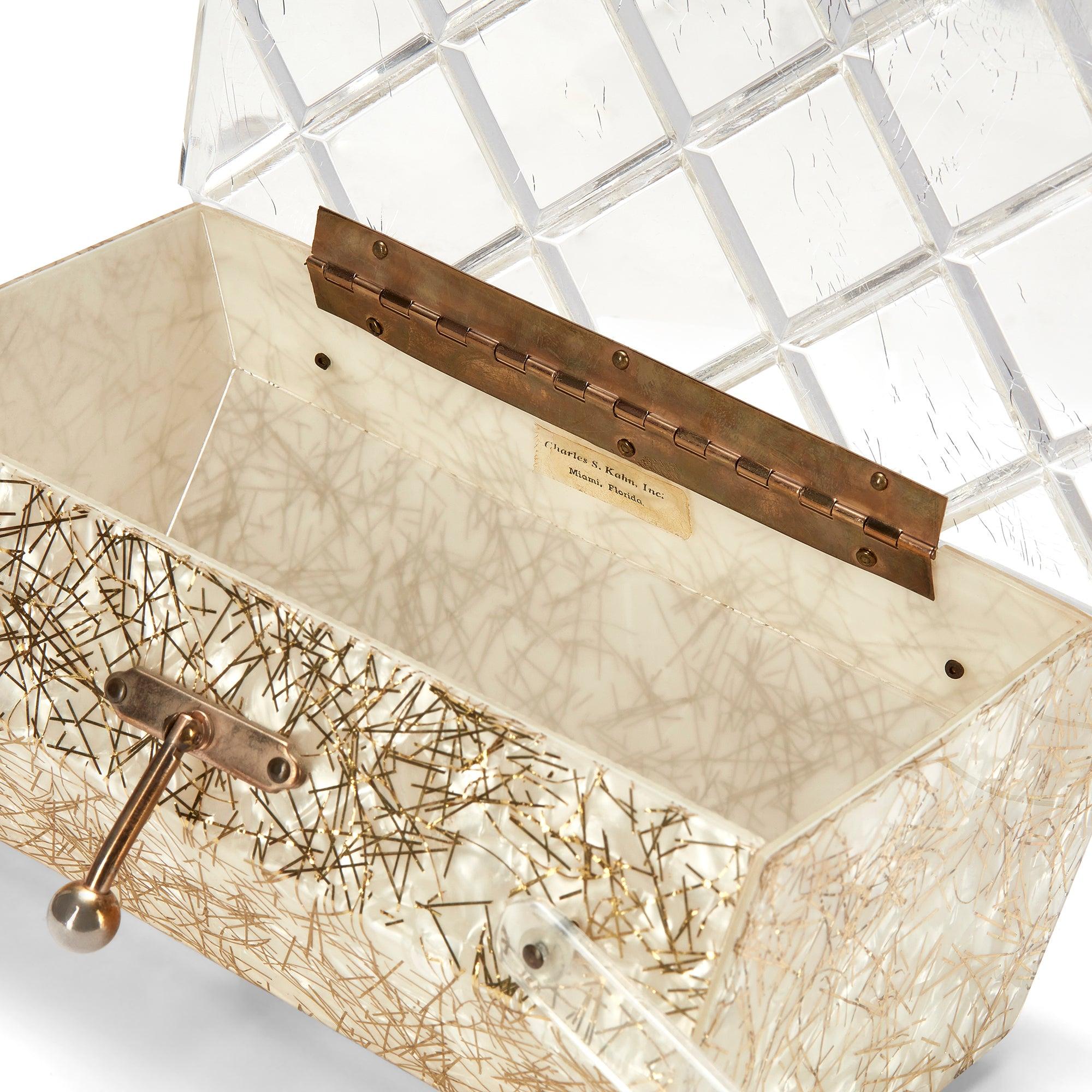 1950s Kahn of Florida Gold Confetti Lucite Double Handled Bag In Good Condition For Sale In London, GB