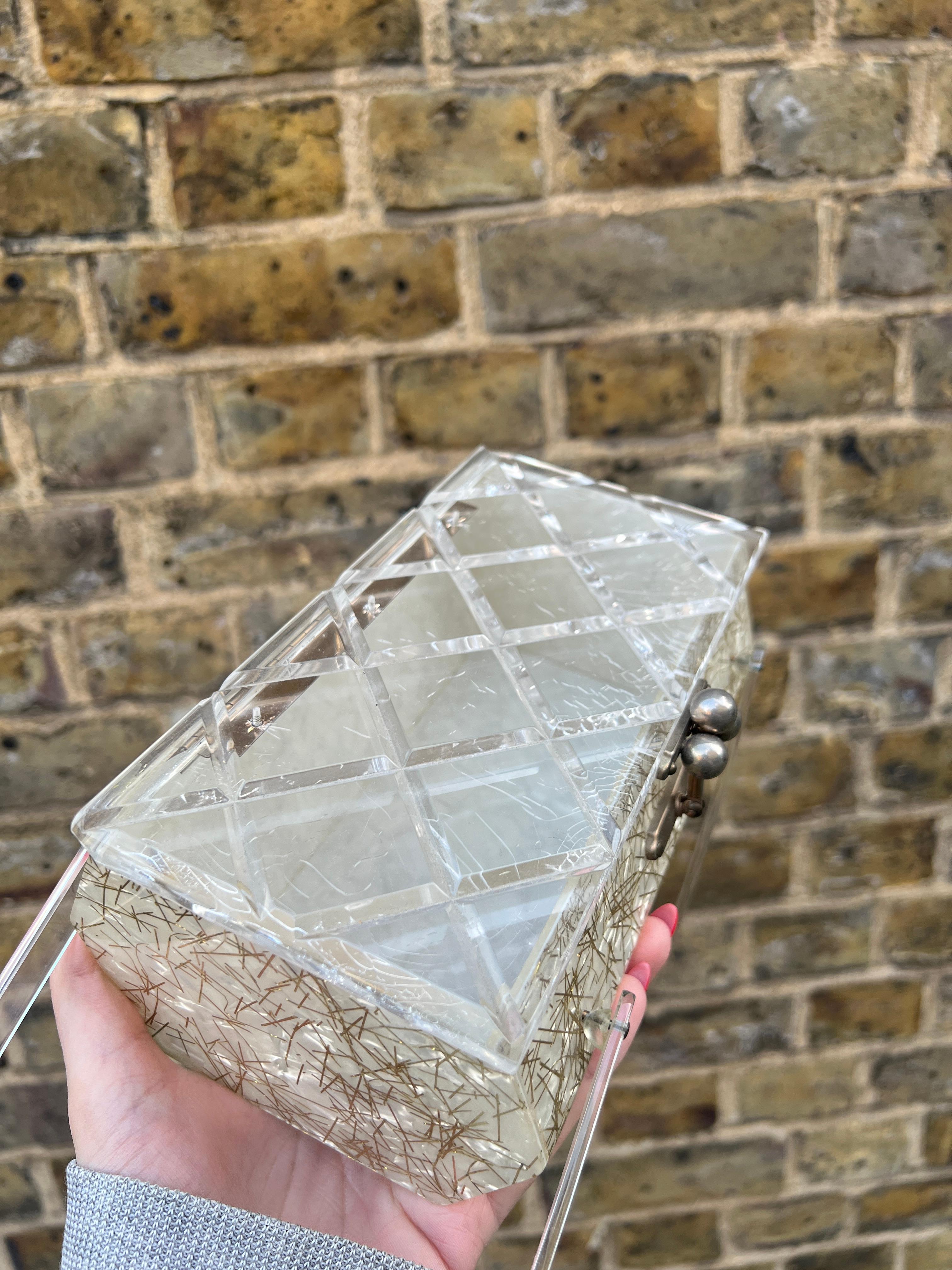 1950s Kahn of Florida Gold Confetti Lucite Double Handled Bag For Sale 1