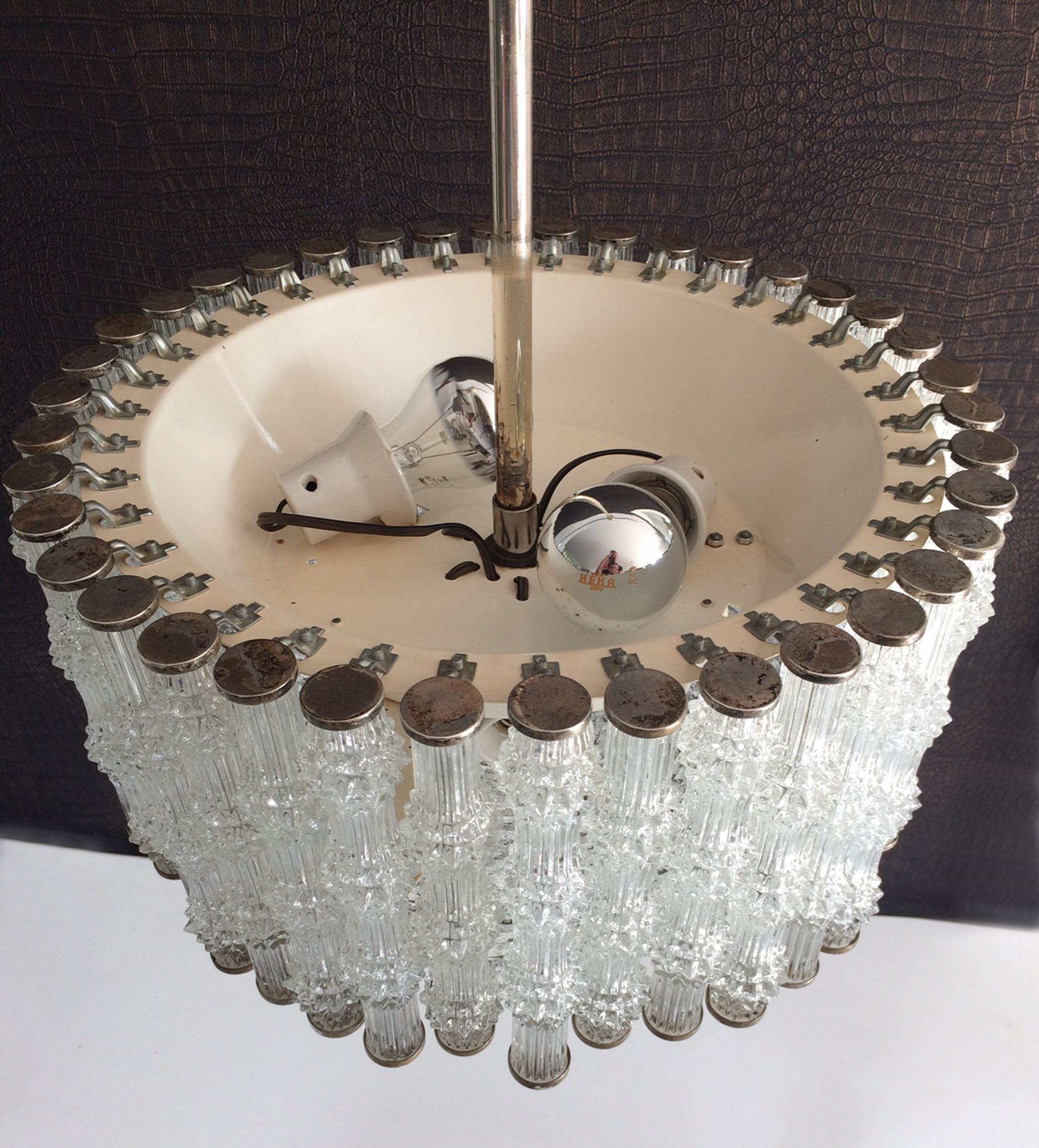 1950's Kaiser Leuchten Design Primat Ice Texture Crystal Drum Chandelier For Sale 4