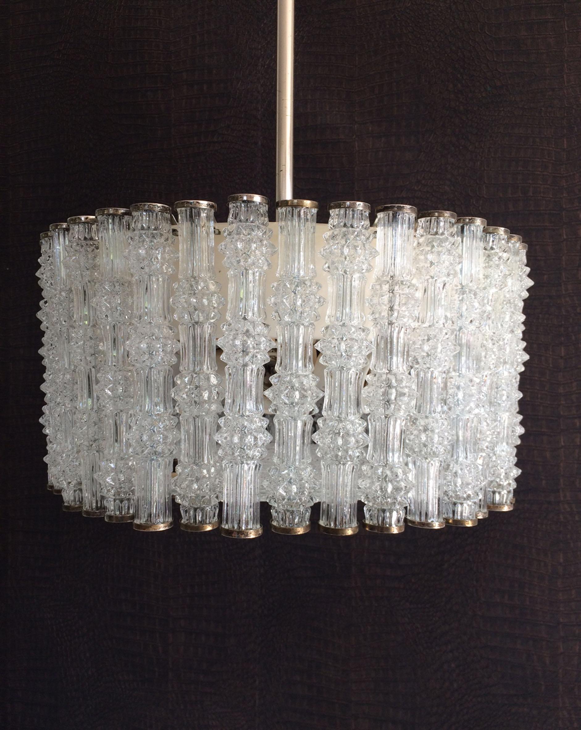 Midcentury german design glass pendat chandelier. A wonderfull 1950's original Kaiser Leuchten Design Primat Ice Texture Crystal Glass Drum Tube Chandelier ceiling lamp light. Made in Germany in the mid 1950's. In very good, all original condition.