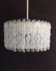 1950's Kaiser Leuchten Design Primat Ice Texture Crystal Drum Chandelier
