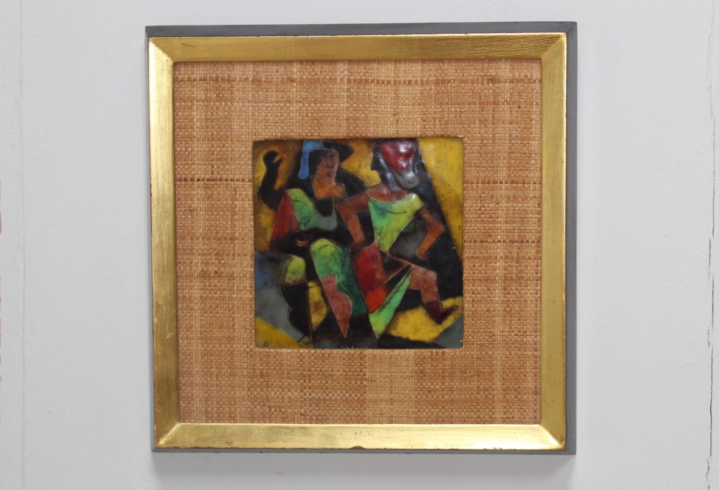 œuvre d'art moderne des années 1950 en émail sur cadre en cuivre de l'artiste américain Karl Drerup.

Une collection rare de 5 pièces est disponible.
