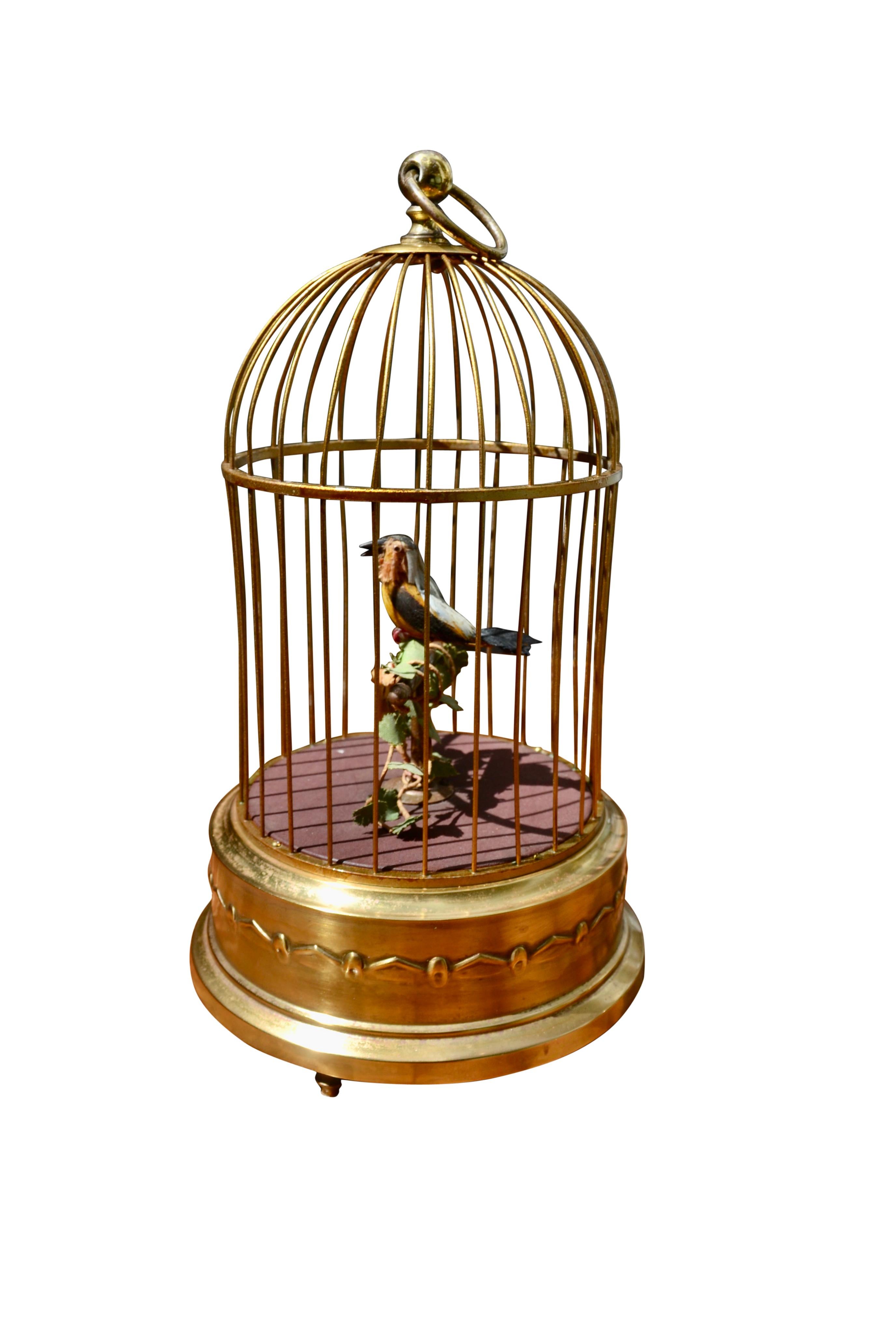 THis 1950's German made Brass Musical bird cage automaton features a colourful feathered bird perched on a brass stand with foliage atop a brown velvet base. The underside houses the fixed in place winding key and on off lever. Upon winding of the