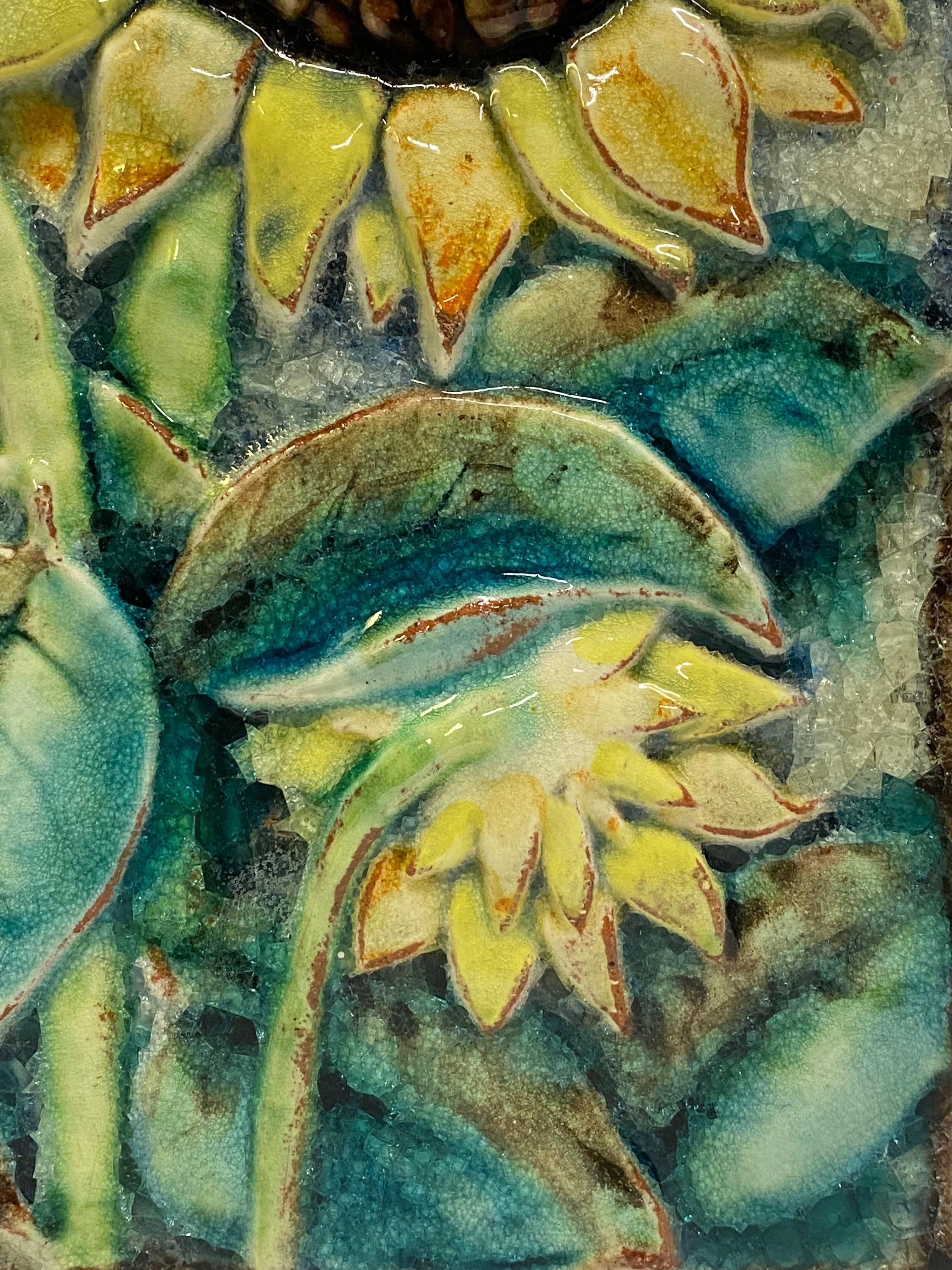 Karlsruher Majolika-Sonnenblumen-Terrakotta-Kachel, 1950er Jahre 3