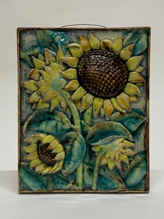 1950s Karlsruhe alemán mayólica girasol terracota azulejo