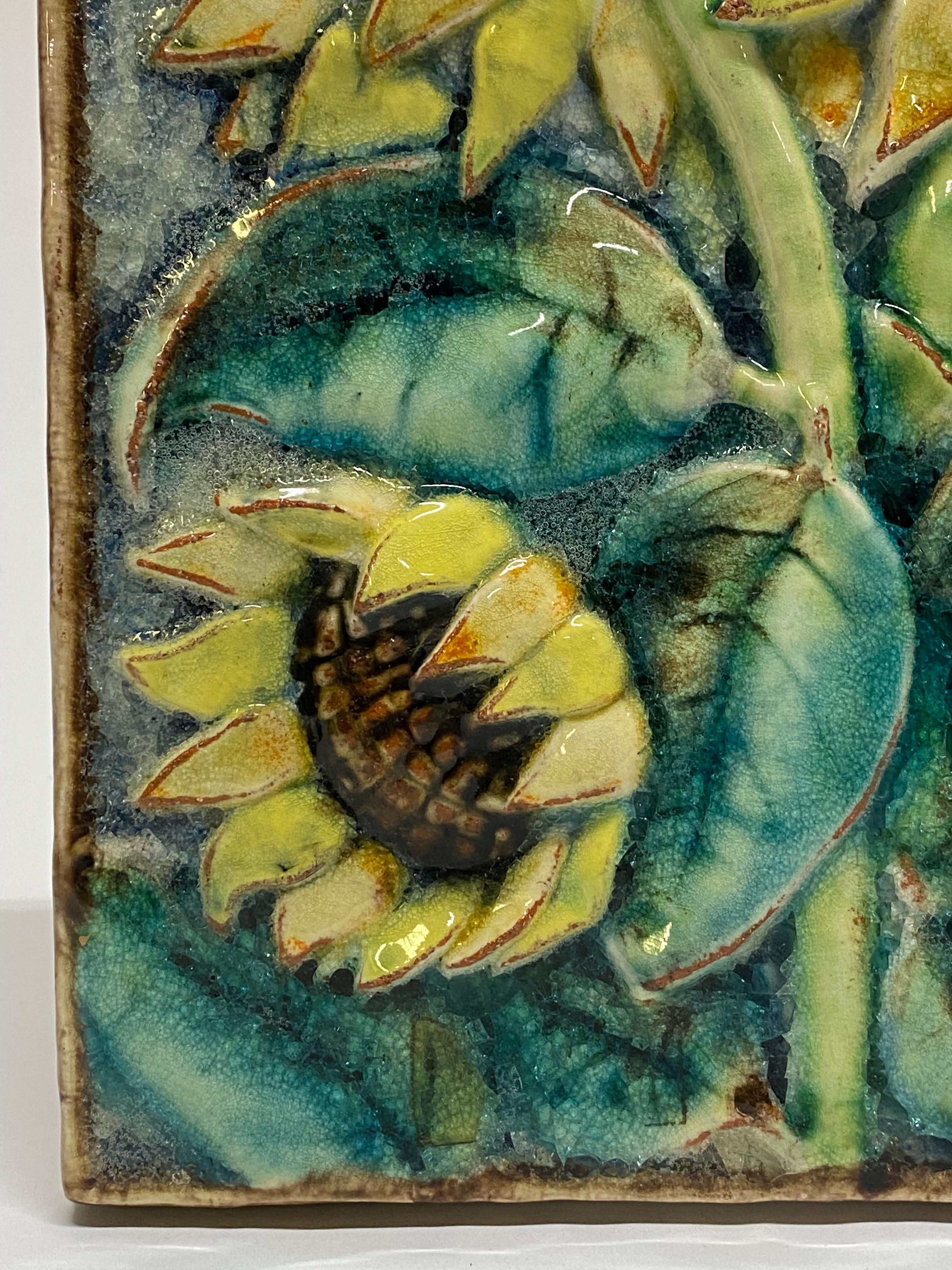 Karlsruher Majolika-Sonnenblumen-Terrakotta-Kachel, 1950er Jahre 1