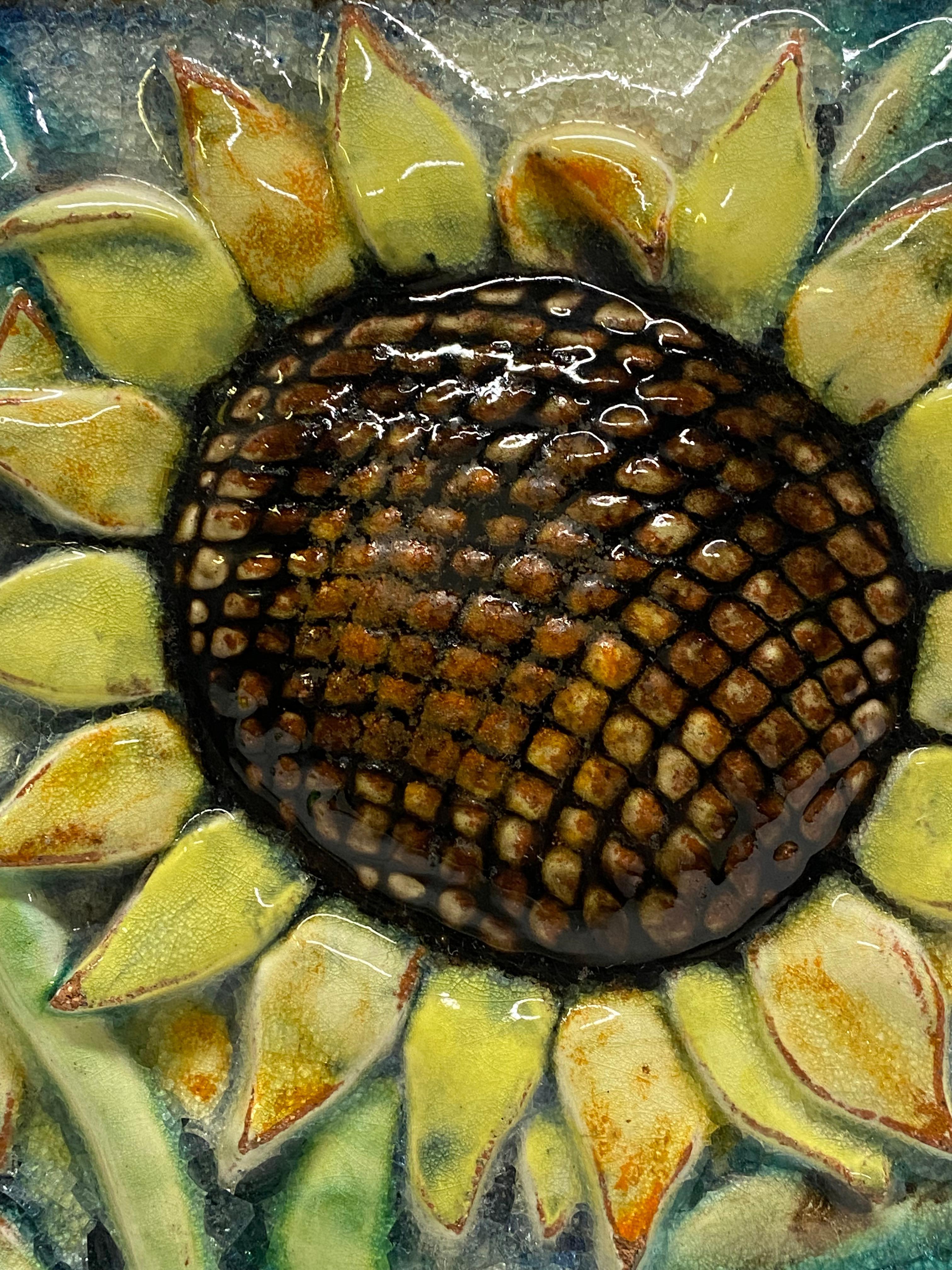Karlsruher Majolika-Sonnenblumen-Terrakotta-Kachel, 1950er Jahre 2