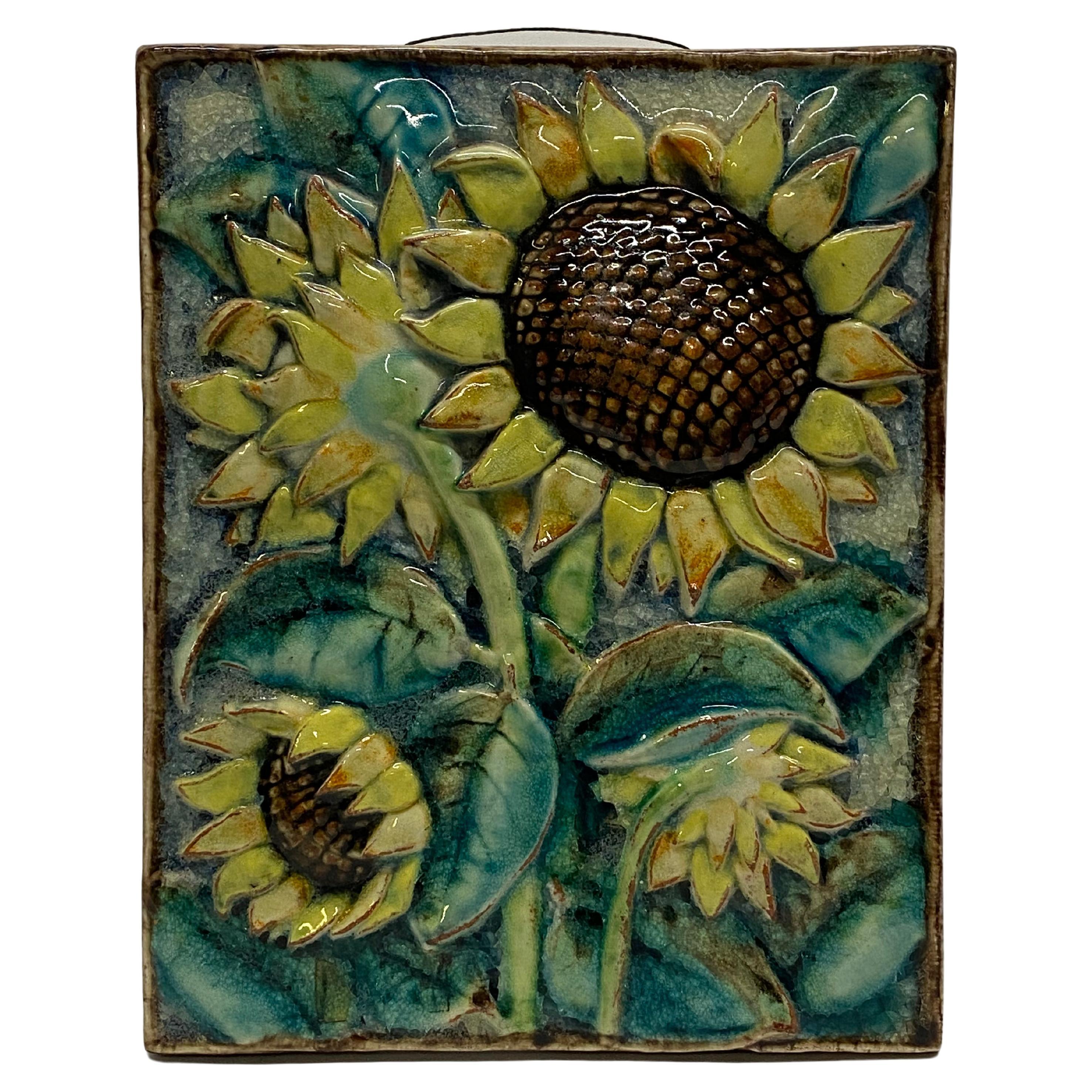 Karlsruher Majolika-Sonnenblumen-Terrakotta-Kachel, 1950er Jahre